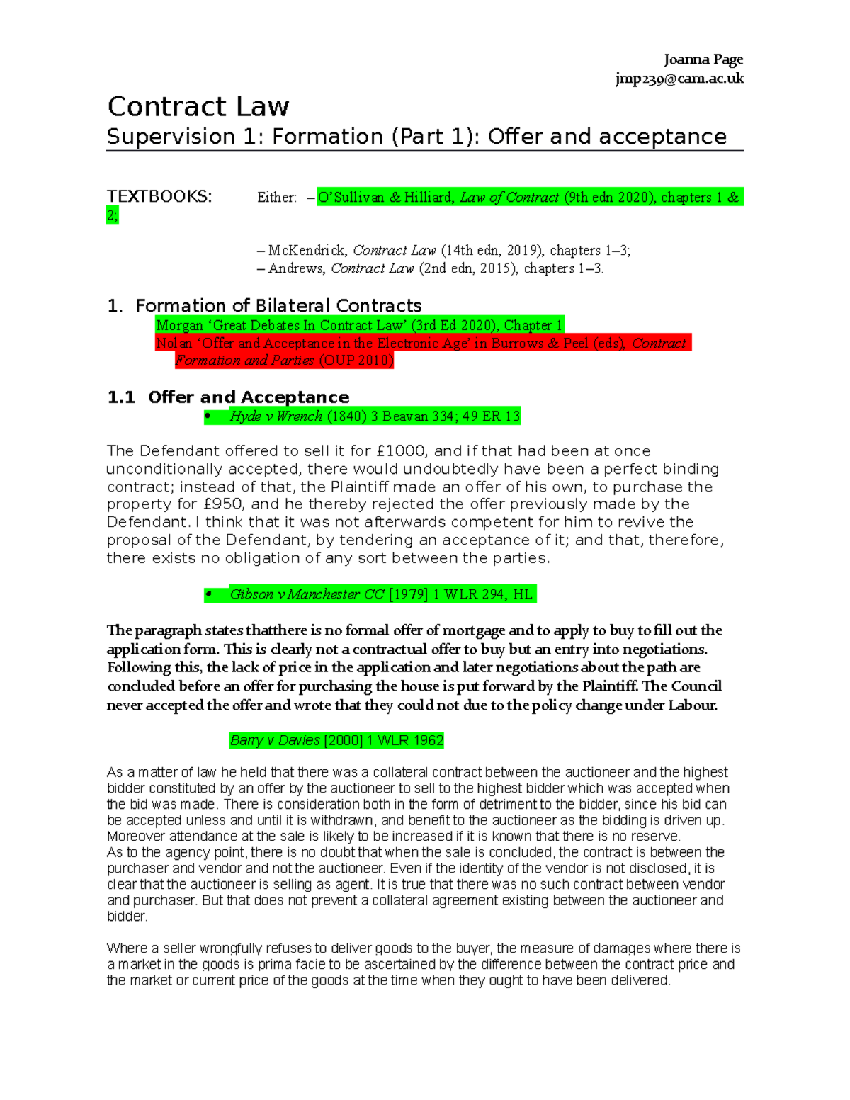 CLS1 Contract Law: Offer and Acceptance Analysis & Key Cases - Studocu