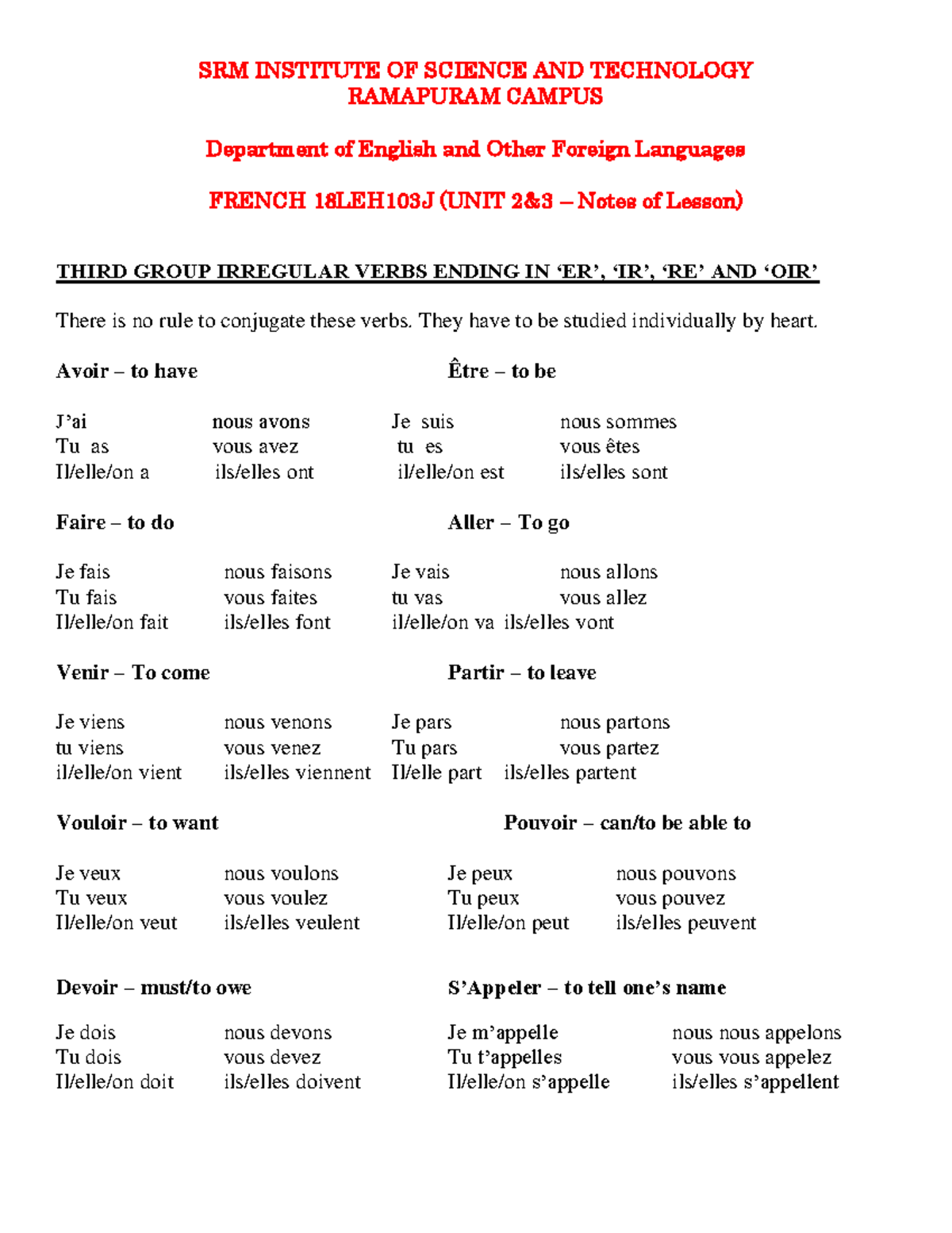French Course 18LEH103J: Unit 2 & 3 Irregular Verb Conjugation Notes ...