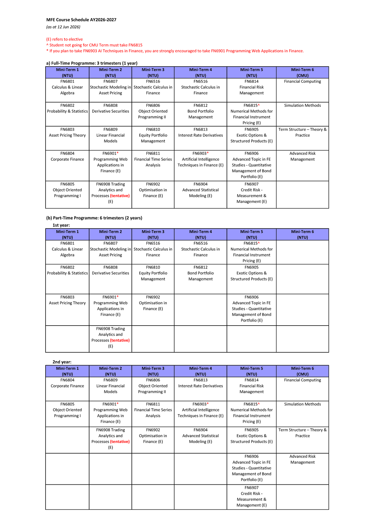 MFE AY2026-27 Course Schedule Overview and Electives - Studocu