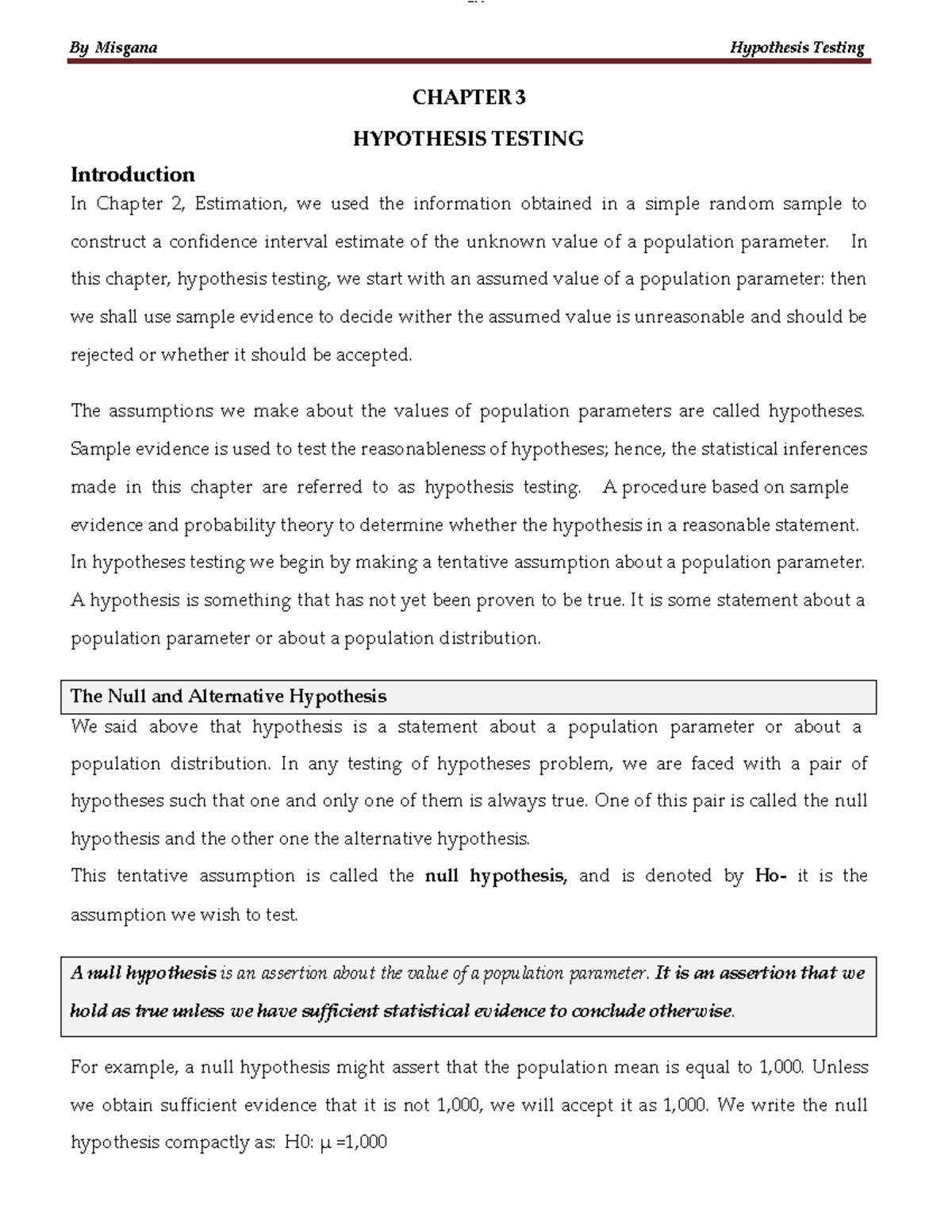 Chapter 3 Hypothesis Testing - By Misgana Hypothesis Testing The Null ...