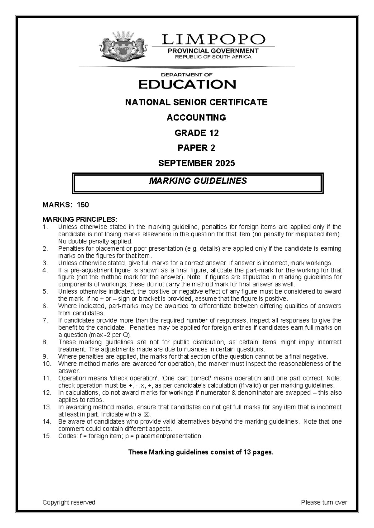 ACCN 12 Accounting P2 Sept 2025 Marking Guidelines (Limpopo) - Studocu