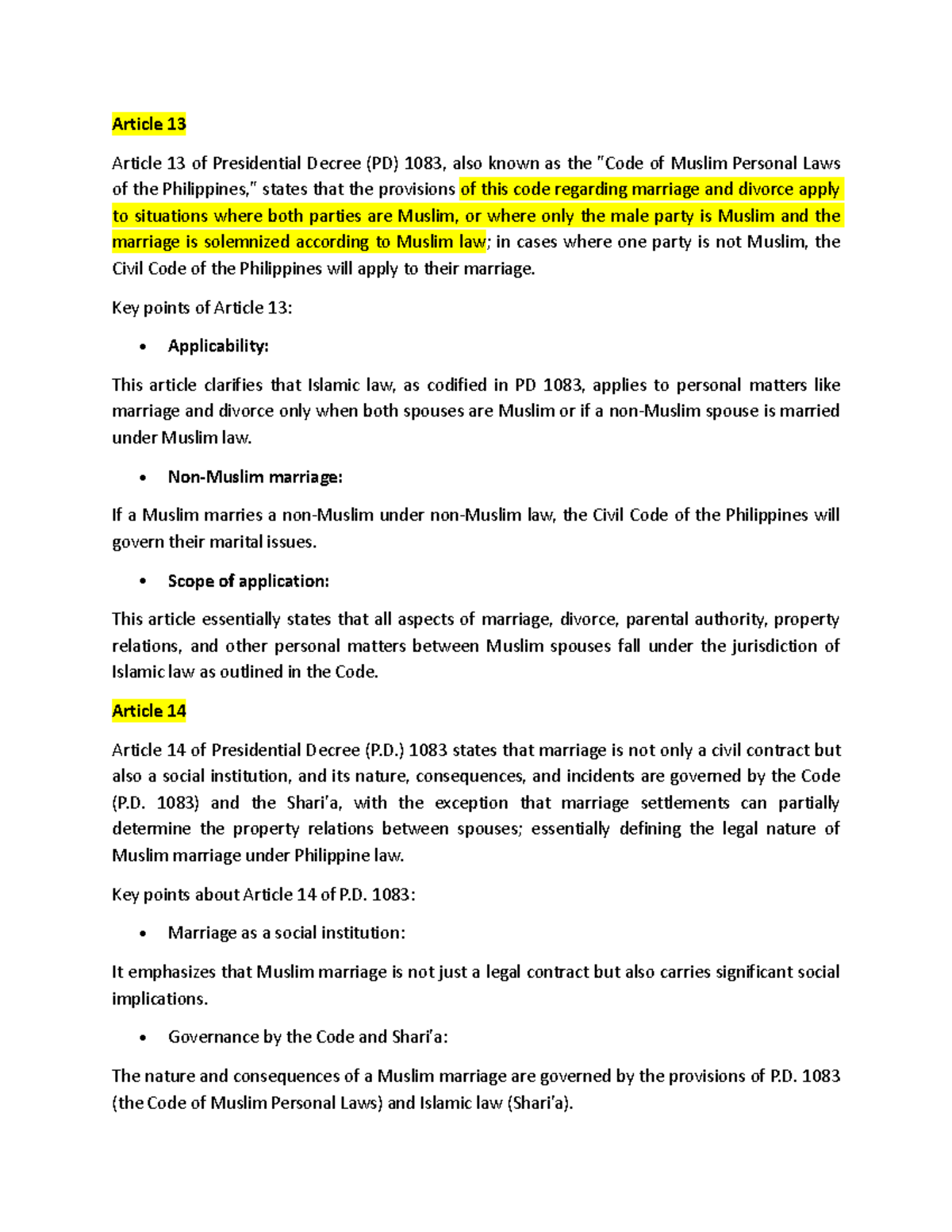 Article 13 - Shariah Principles on Marriage & Divorce Laws in PD 1083 ...