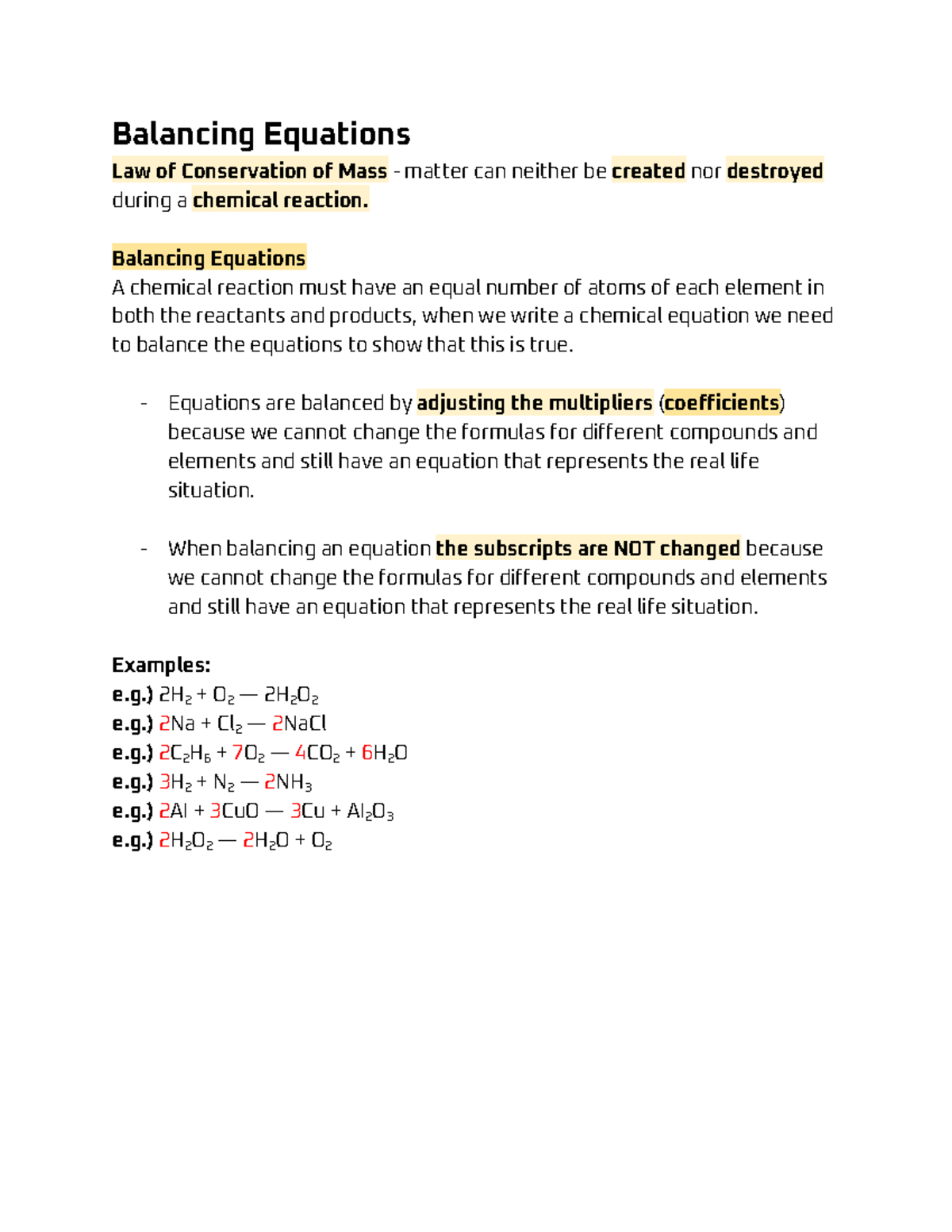 Chem 2: Balancing Chemical Equations - Semester Notes - Studocu