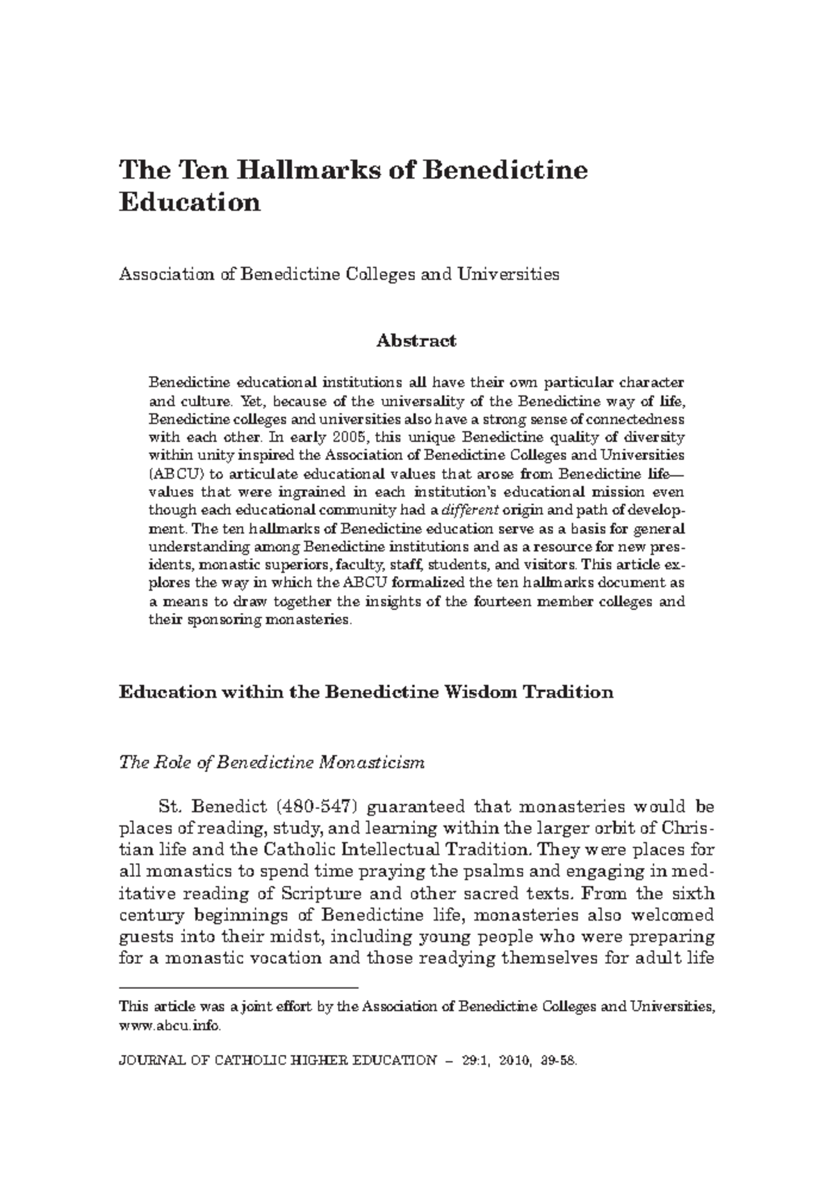 The Ten Hallmarks of Benedictine Education: Insights from ABCU - Studocu