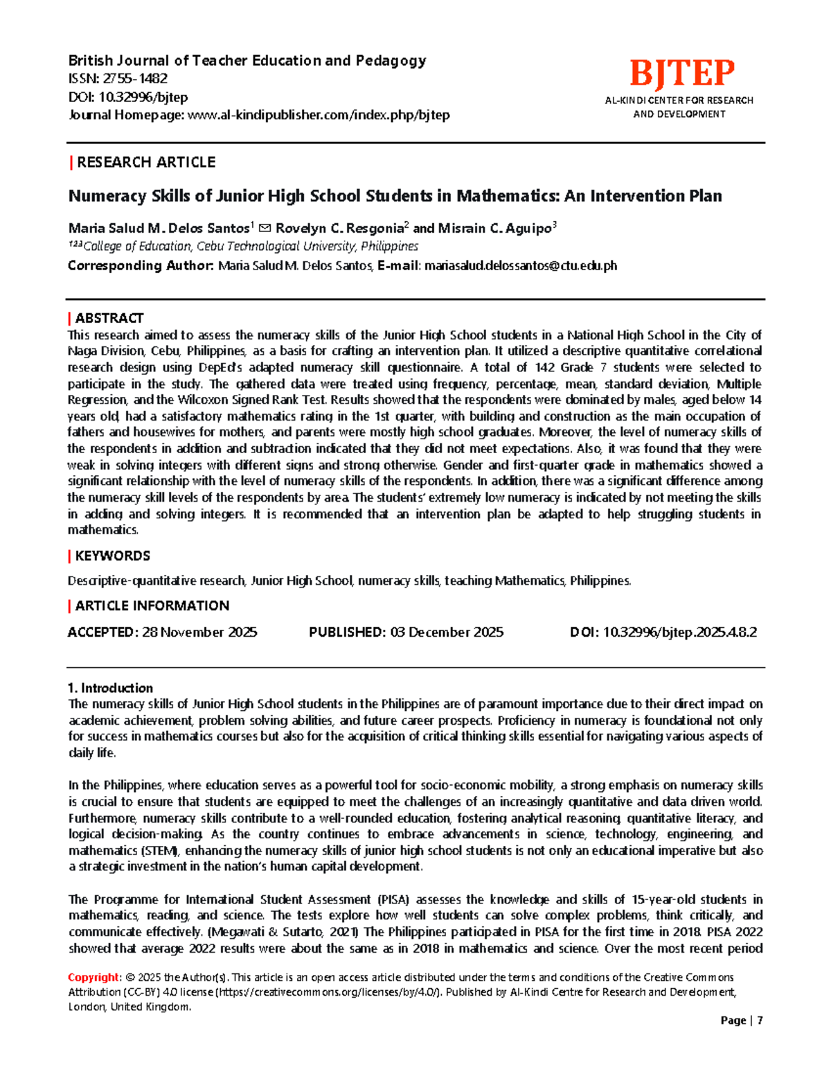 Numeracy Skills Assessment and Intervention Plan for JHS Students (EDUC ...