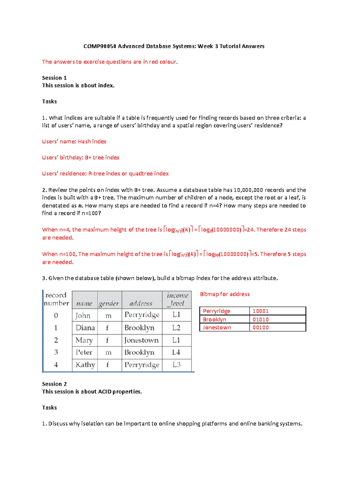 Week 5 Advanced Database Systems (COMP90015) Exercise 3 Solutions - Studocu