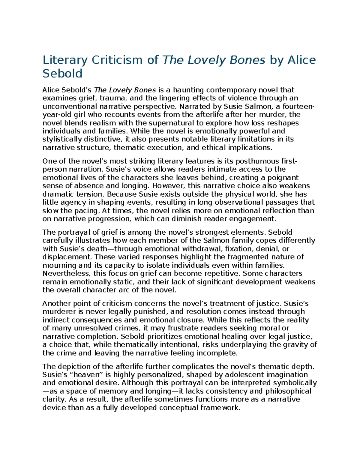Literary Criticism of The Lovely Bones: An Analysis of Grief and Narrative - Studocu