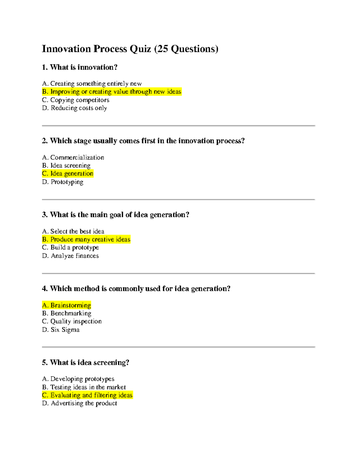 Innovation Process Quiz (25 Questions) - Studocu