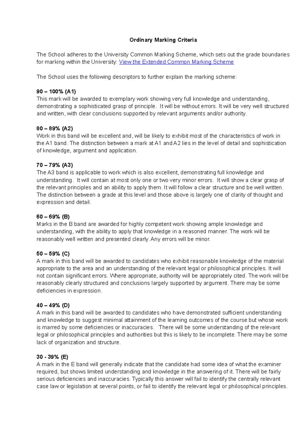 Ordinary Marking Criteria & Grade Descriptors for Assessment - Studocu
