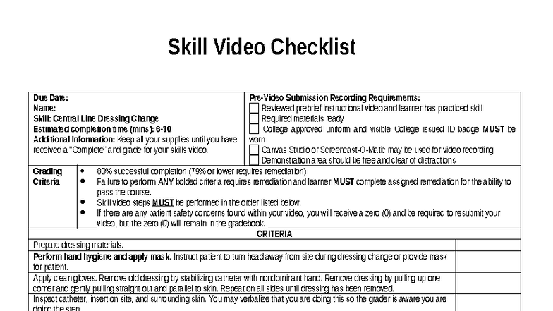 NUR 101: Central Line Dressing Change Skill Video Checklist - Studocu