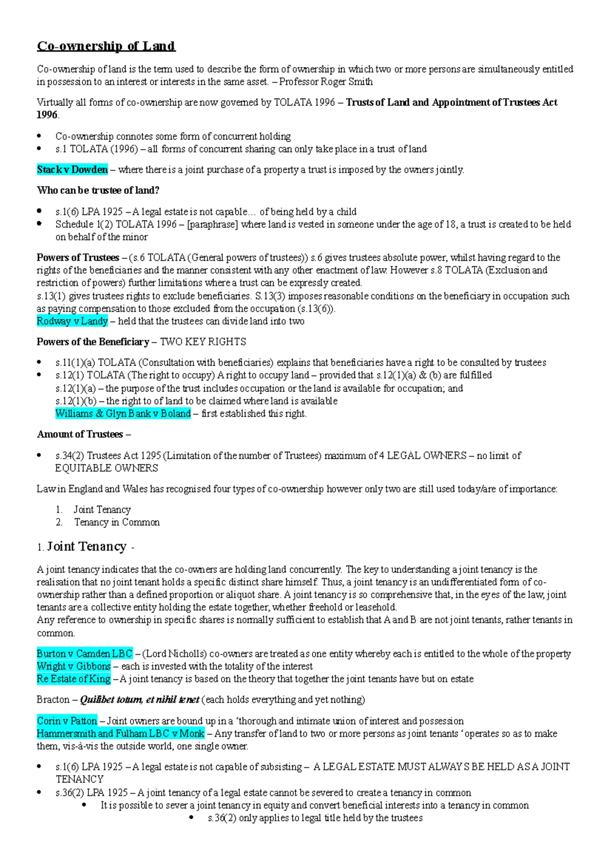 Land Law Notes Summary: Key Concepts on Rights and Estates - Studocu