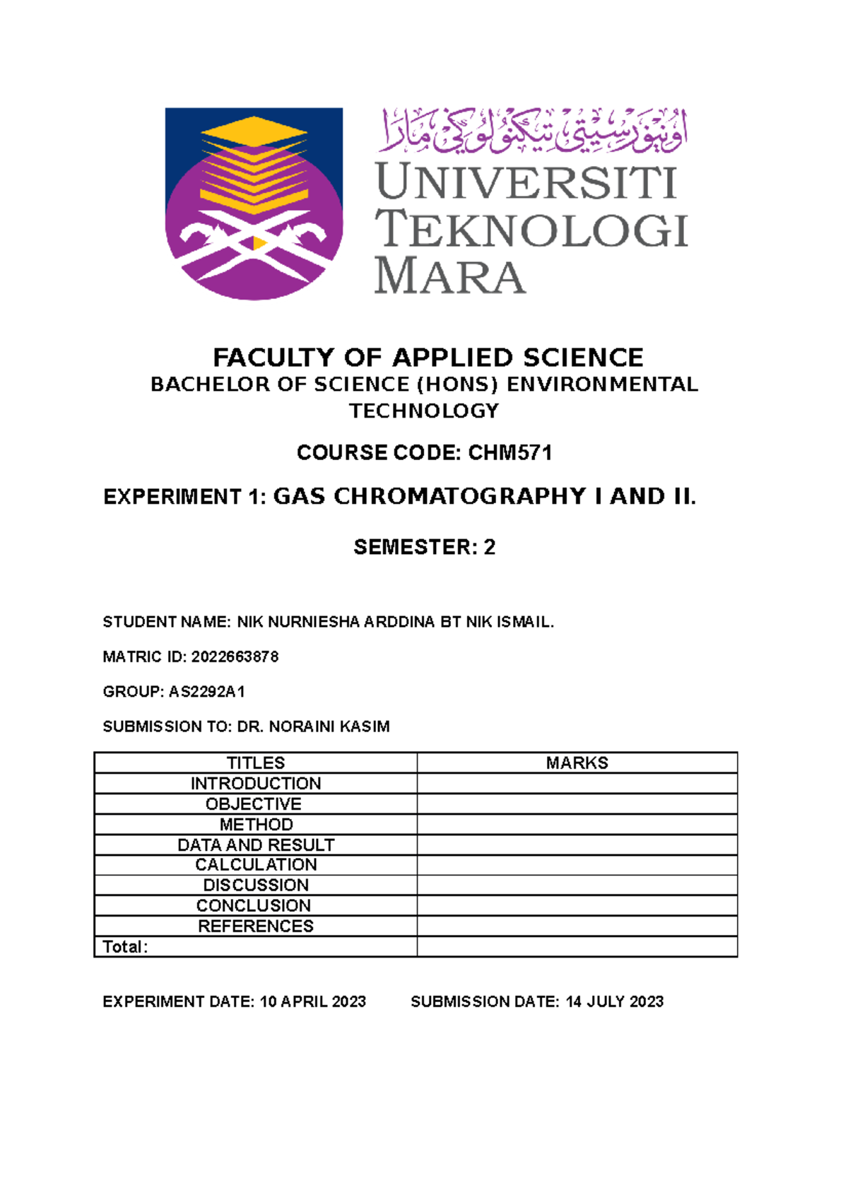 Gas Chromatography Experiments - LAB Report CHM571 EXP GC - Studocu