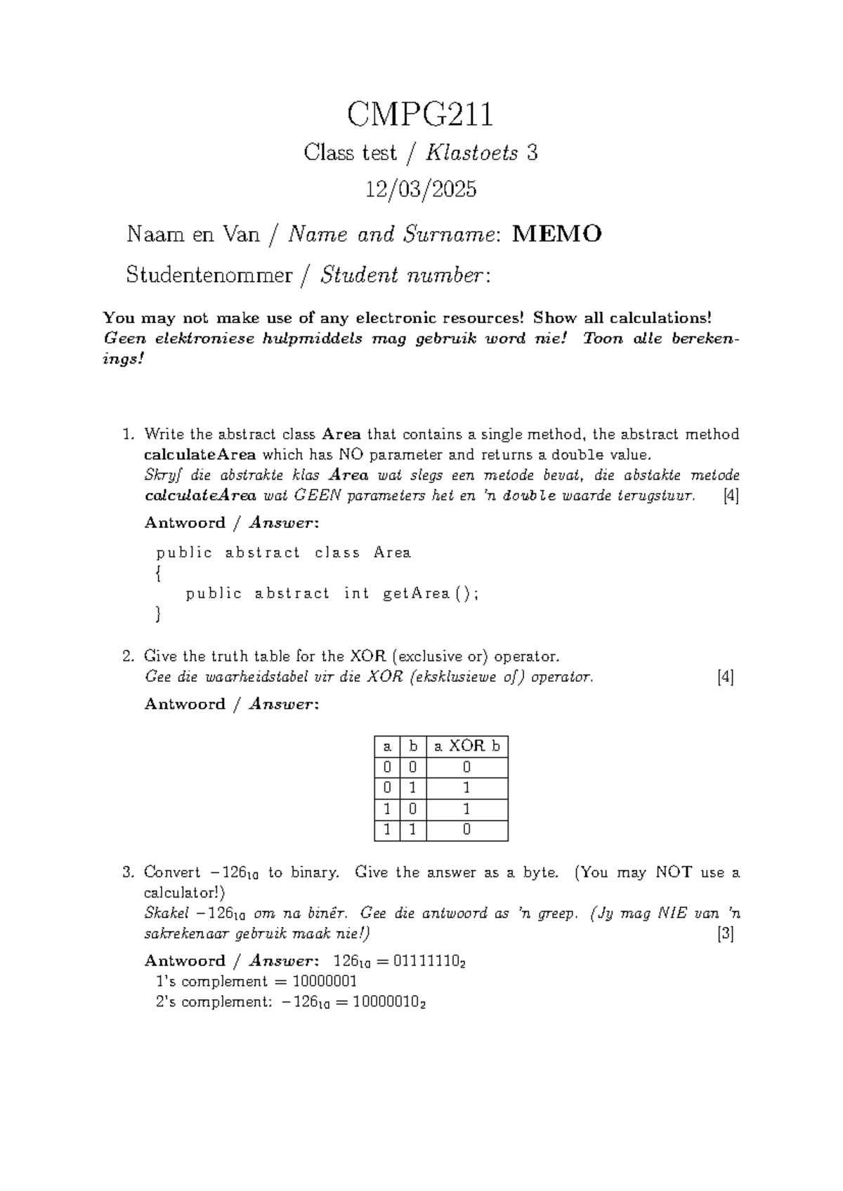 CMPG211 Class Test 3 - Abstract Classes and Binary Calculations - Studocu