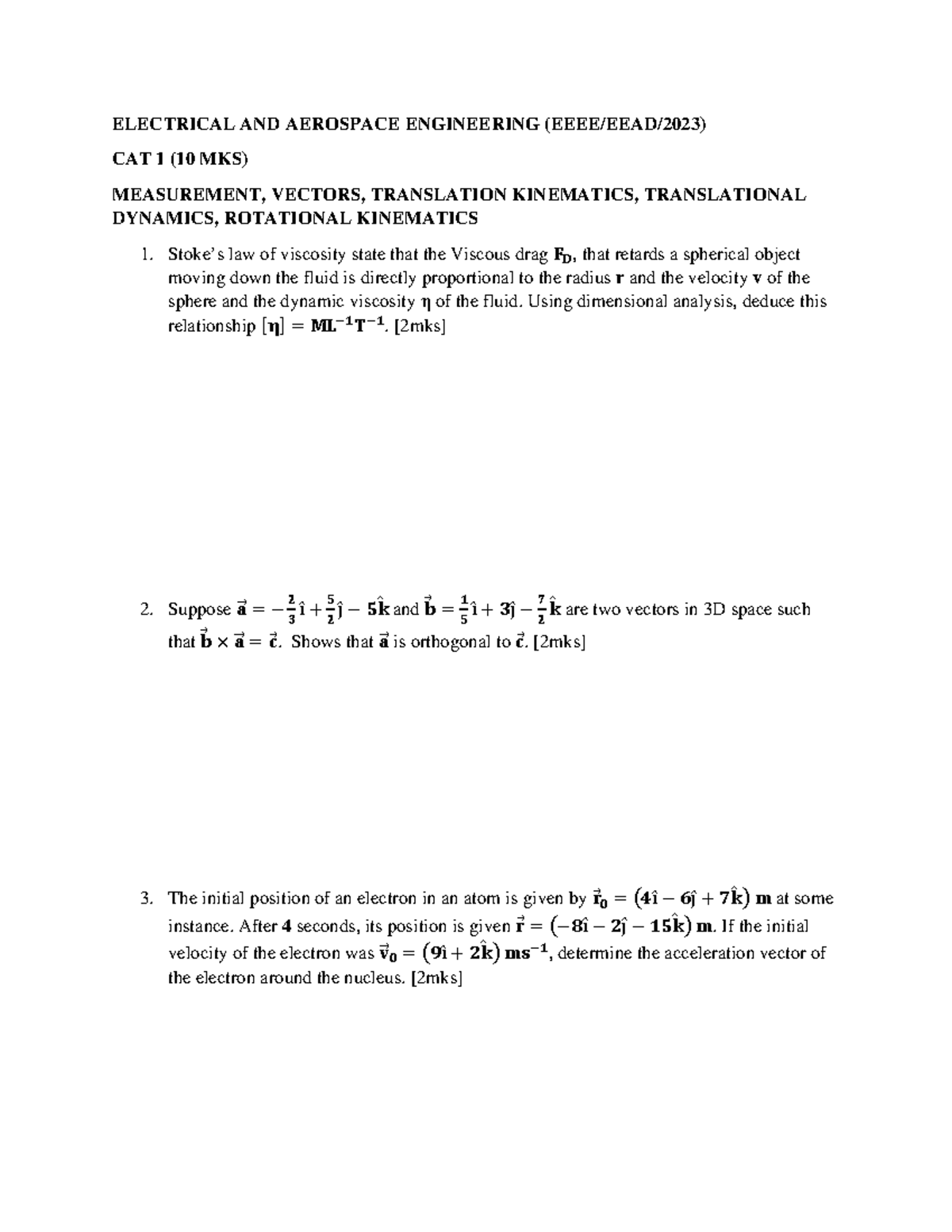 EEE/EEAD 2023 CAT1: Measurement, Kinematics, Dynamics & Vectors - Studocu