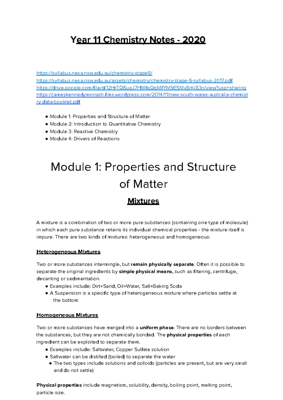 Year 11 Chemistry Notes 2020: Modules 1-4 Overview - Studocu