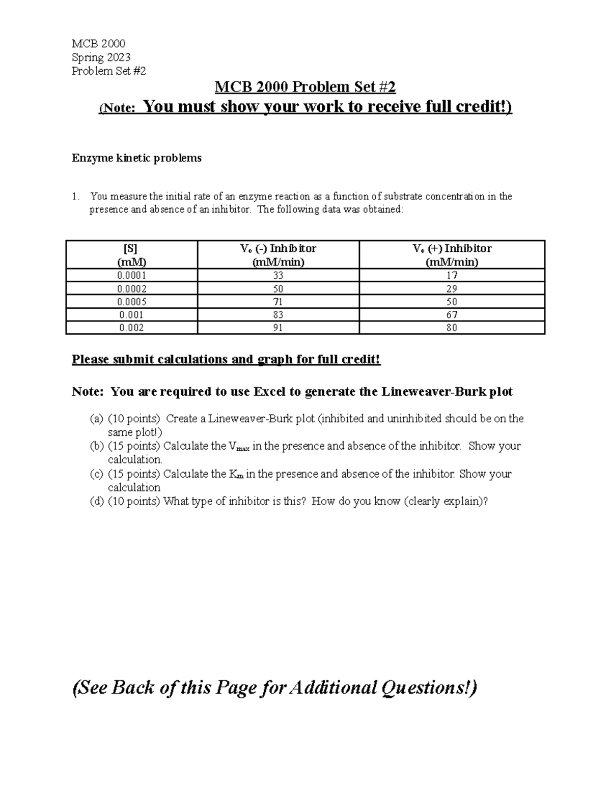 MCB 2000 Problem Set #2 - Enzyme Kinetics & Prostaglandins (Spring 2023 ...