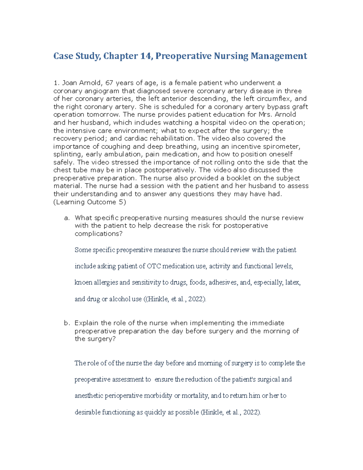 Case Study: Preoperative Nursing Management for Chapter 14 - Studocu
