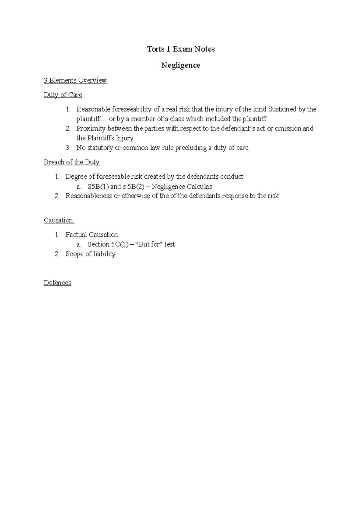 Torts 1: Final Exam Notes on Negligence and Duty of Care - Studocu