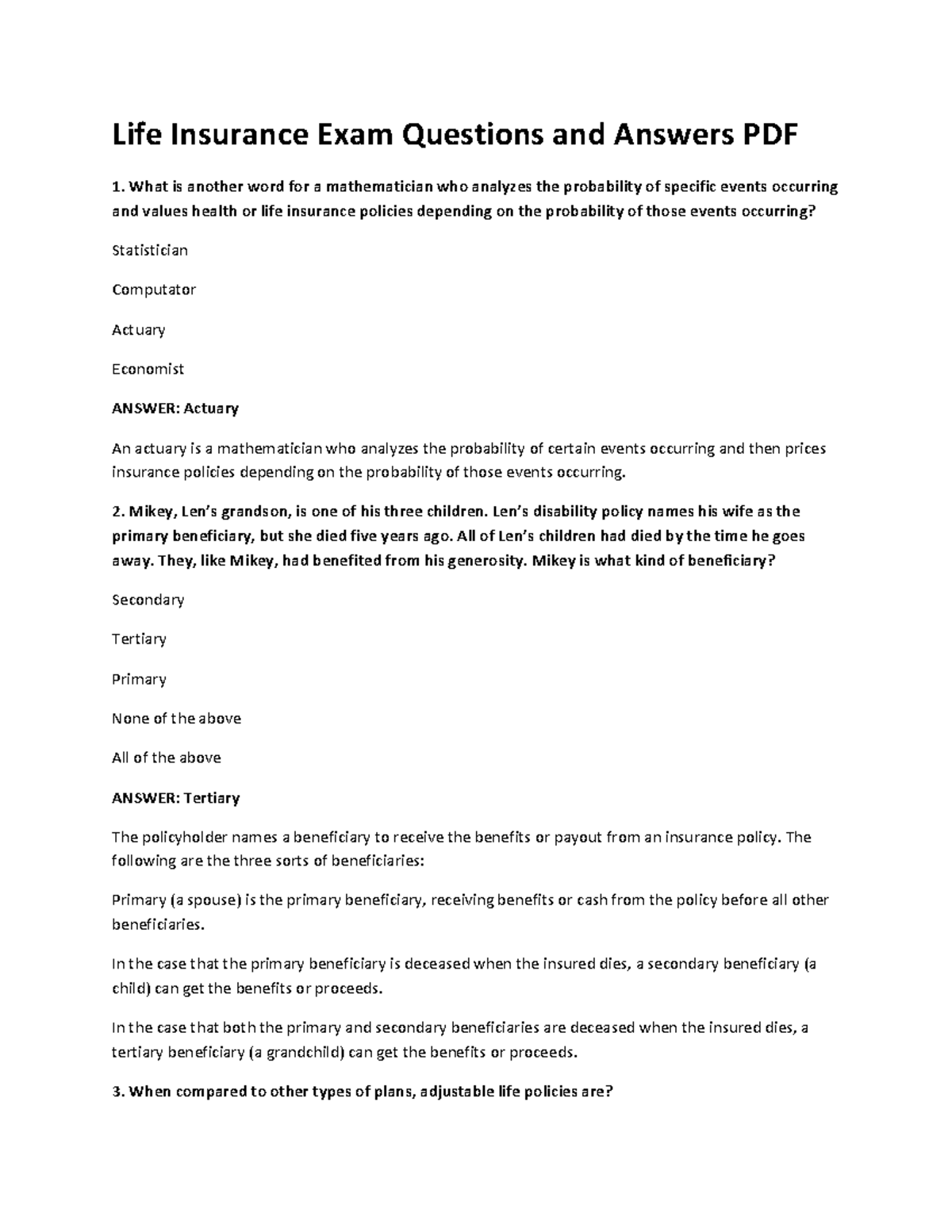 Life Insurance Exam Questions and Answers (LIFE 101) PDF - Studocu