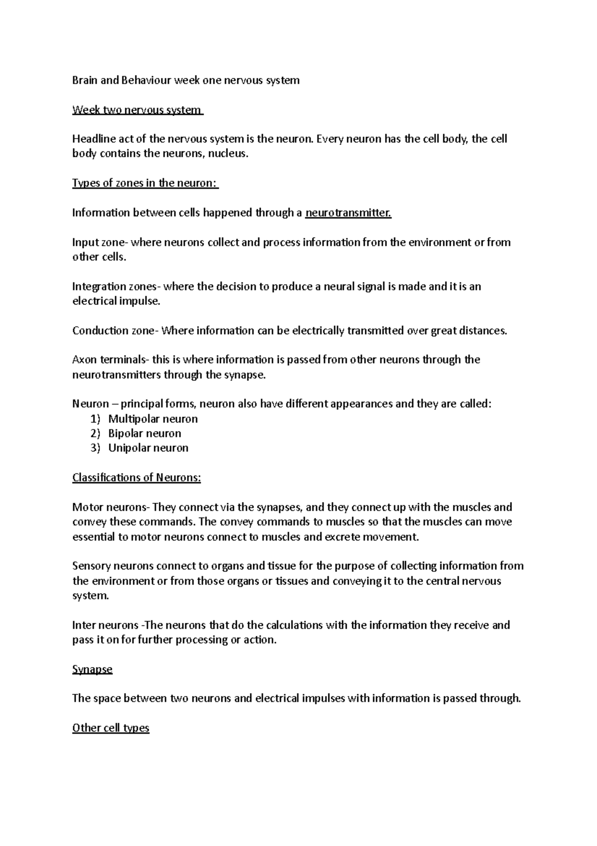 Brain and Behaviour (BB101): Week 1 & 2 Nervous System Overview Notes ...