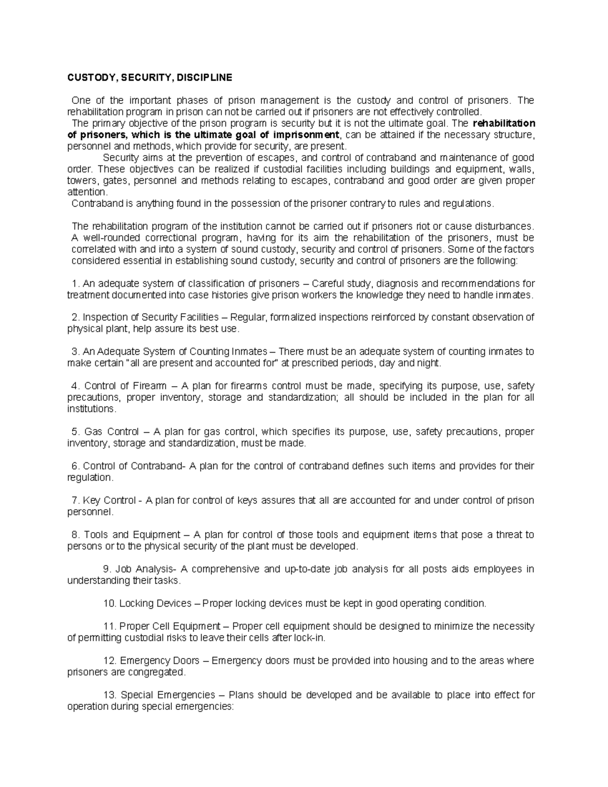 CUSTODY, SECURITY, AND DISCIPLINE IN PRISON MANAGEMENT - NOTES - Studocu
