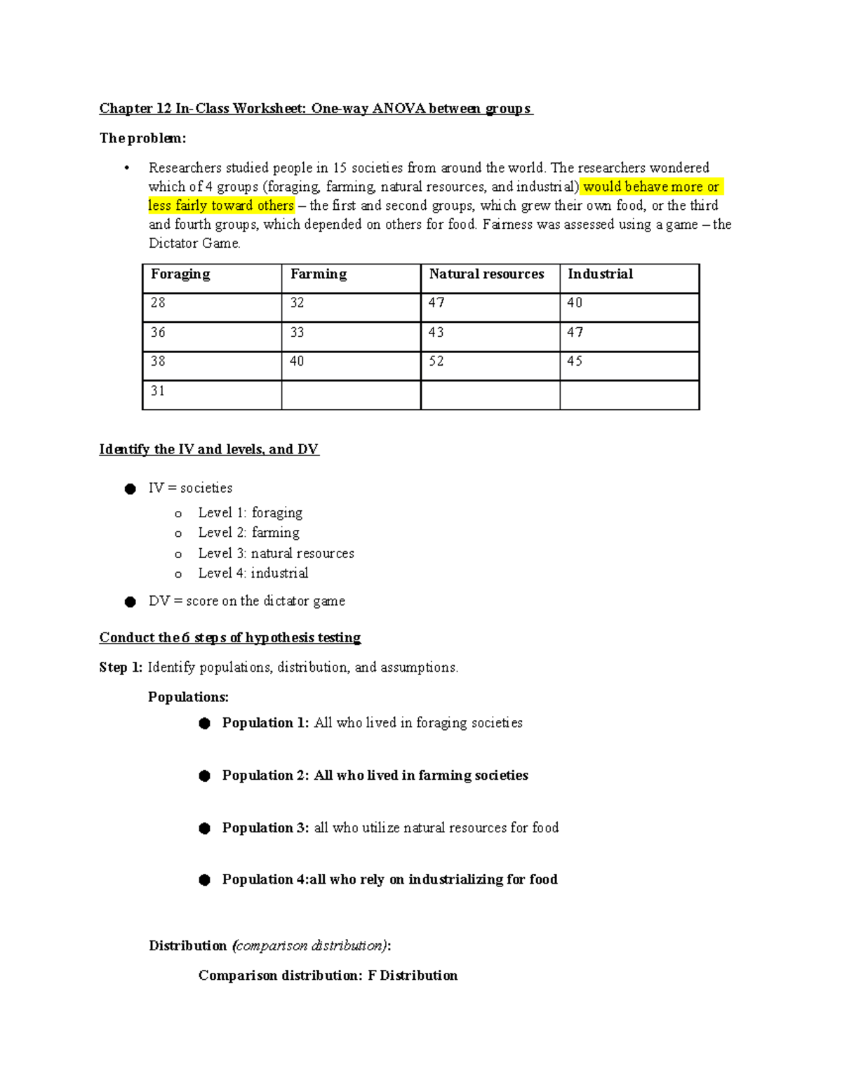 Chapter 12 One-way between groups Handout In Class - Chapter 12 In ...