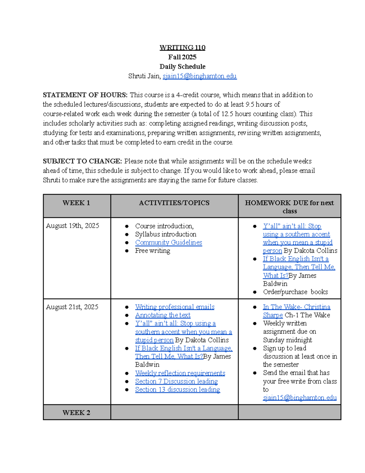 WRITING 110 Fall 2025 Daily Schedule and Homework Overview - Studocu