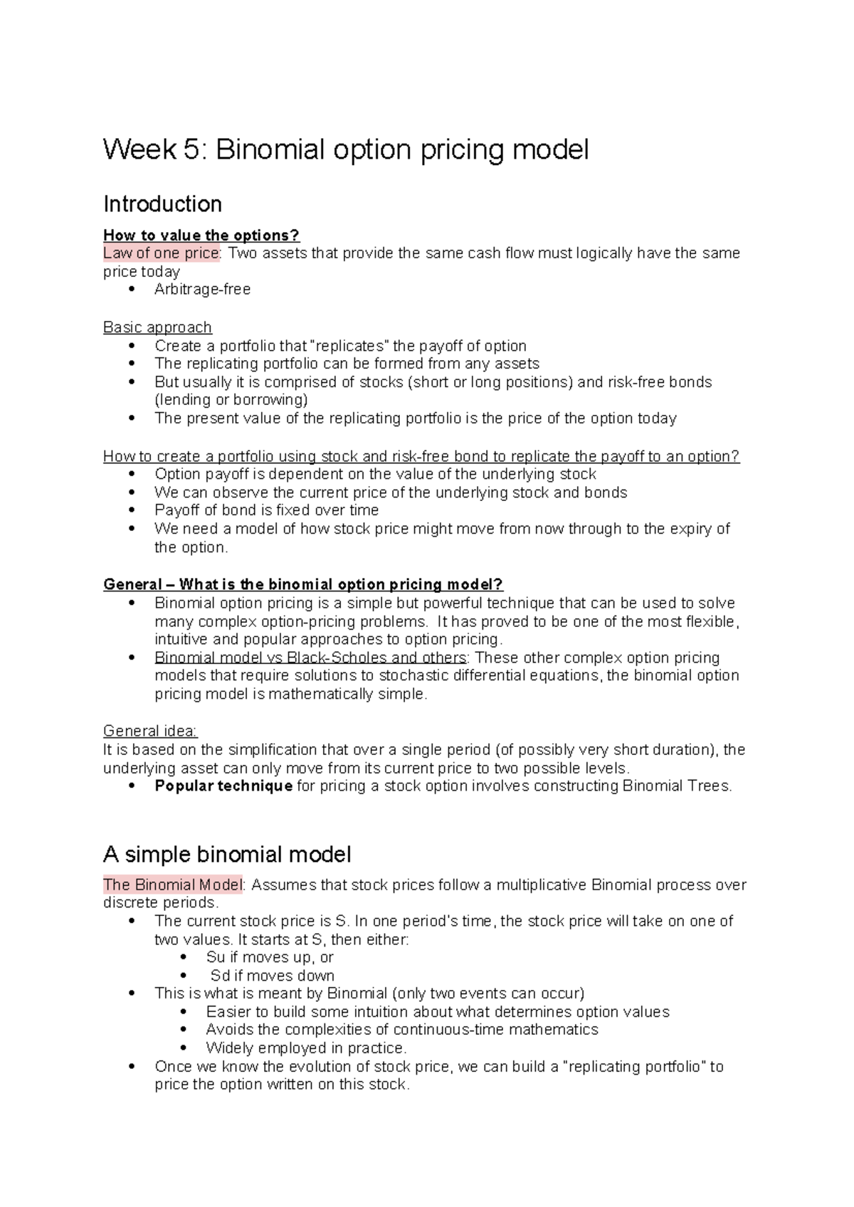 FINM2002 Week 5 - Binomial Option Pricing Model Overview - Studocu
