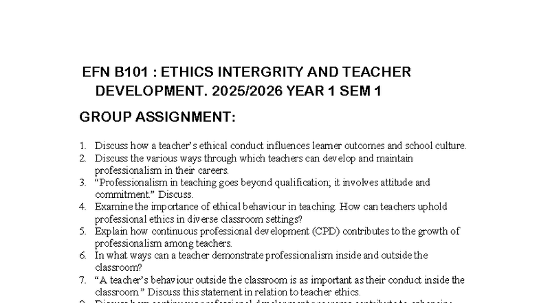 EFN B101: Ethics, Integrity & Teacher Development - Group Assignment ...