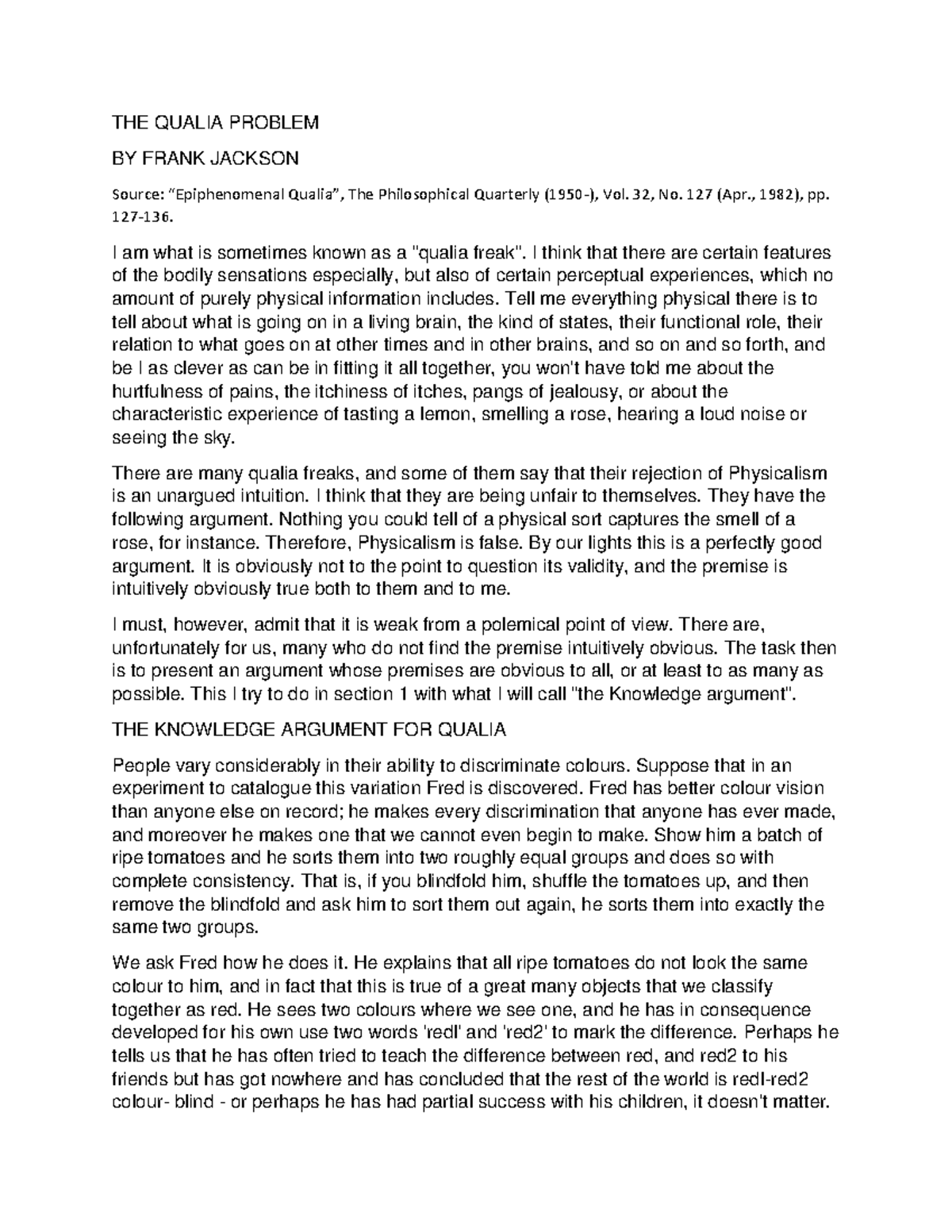 The Qualia Problem and Knowledge Argument in Philosophy (PHIL 101 ...