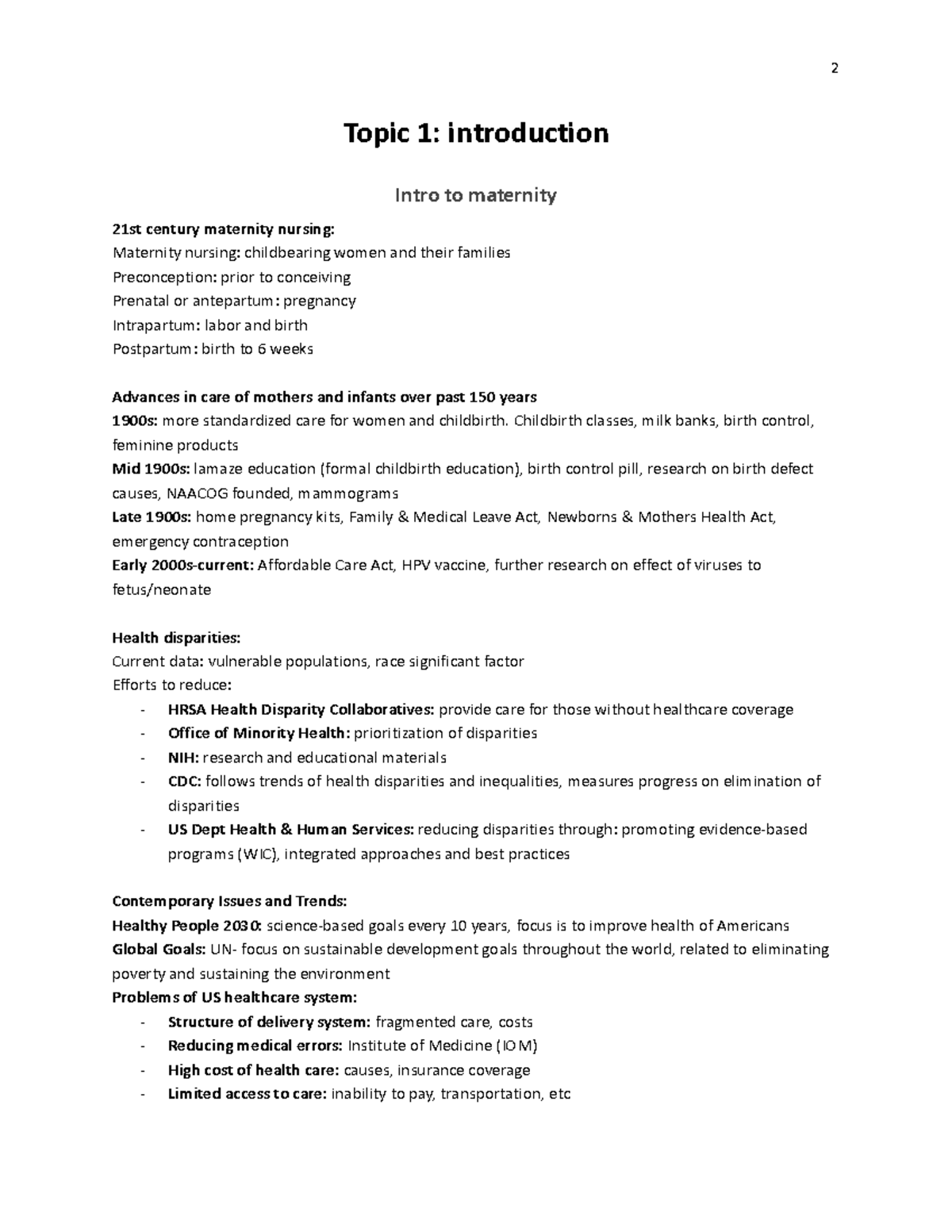 OB exam 1 notes/study guide - Topic 1: introduction Intro to maternity ...