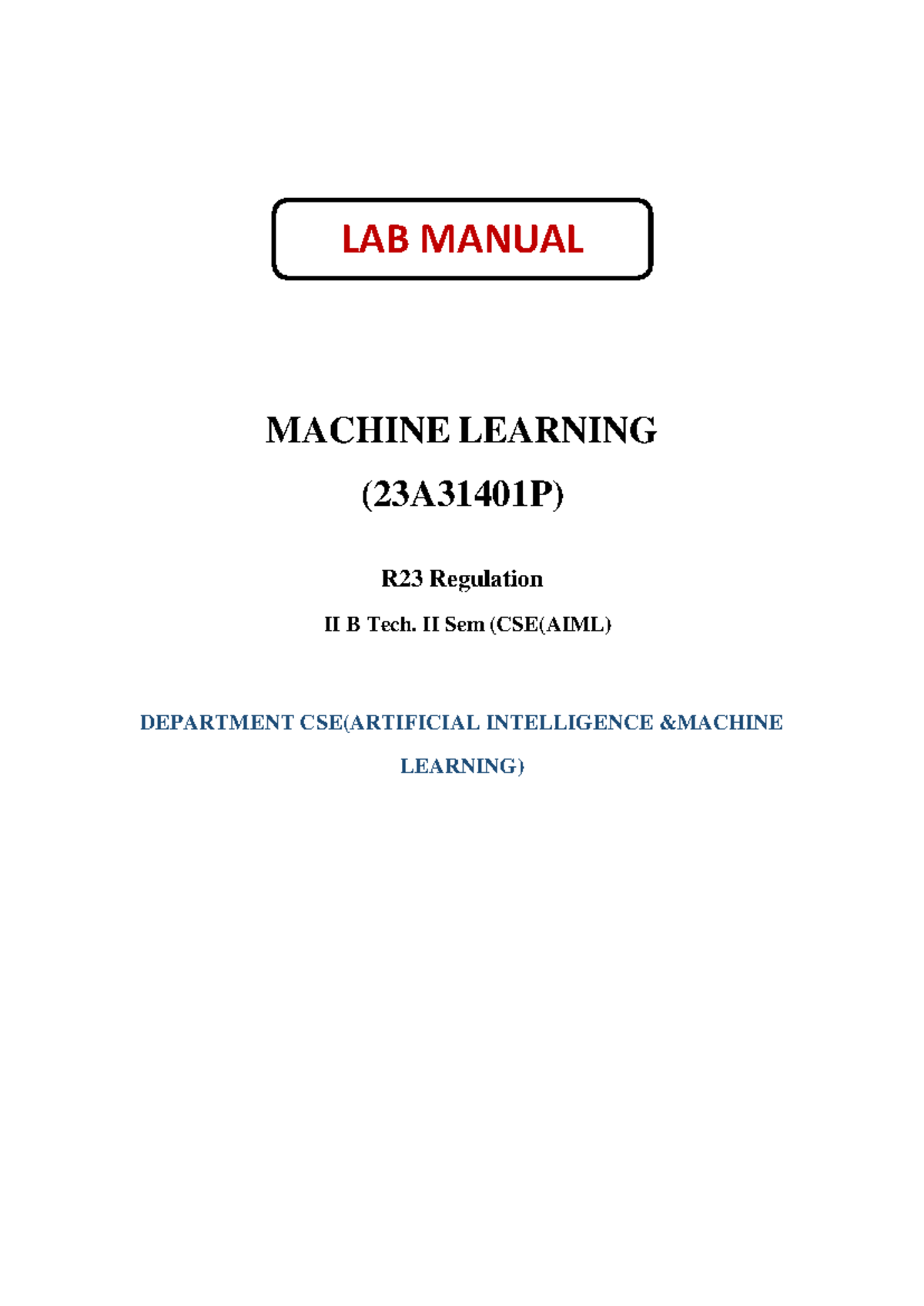 LAB MANUAL MACHINE LEARNING (23A31401P) - SREC - Studocu