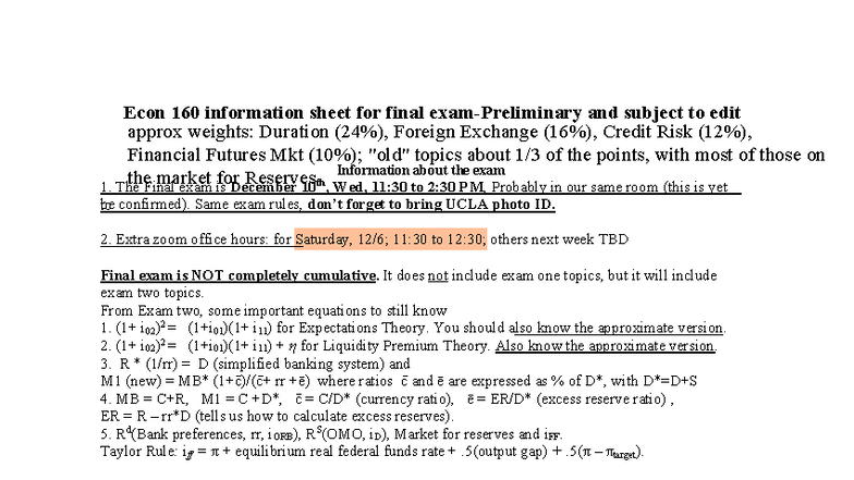 Econ 160 Final Exam Info Sheet & Sample Questions - Fall 2025 - Studocu