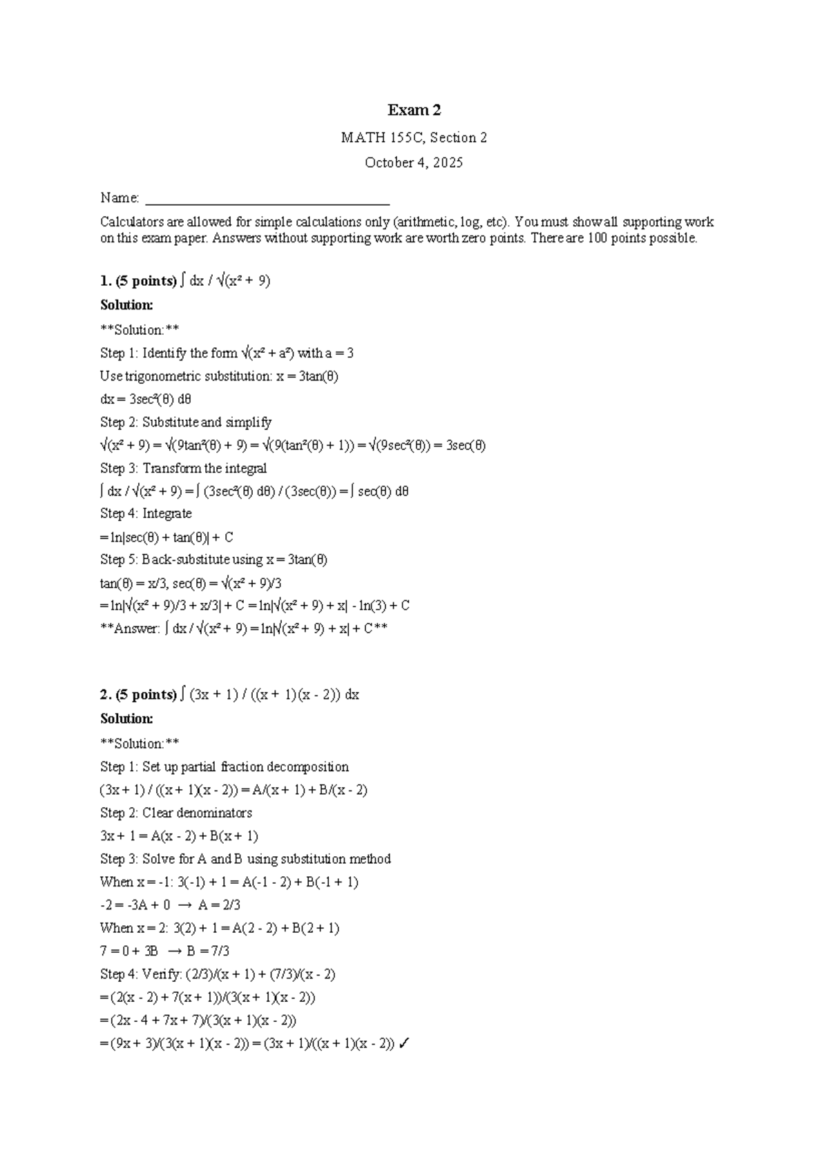 MATH 155C Exam 2 Solutions - October 4, 2025 - Studocu