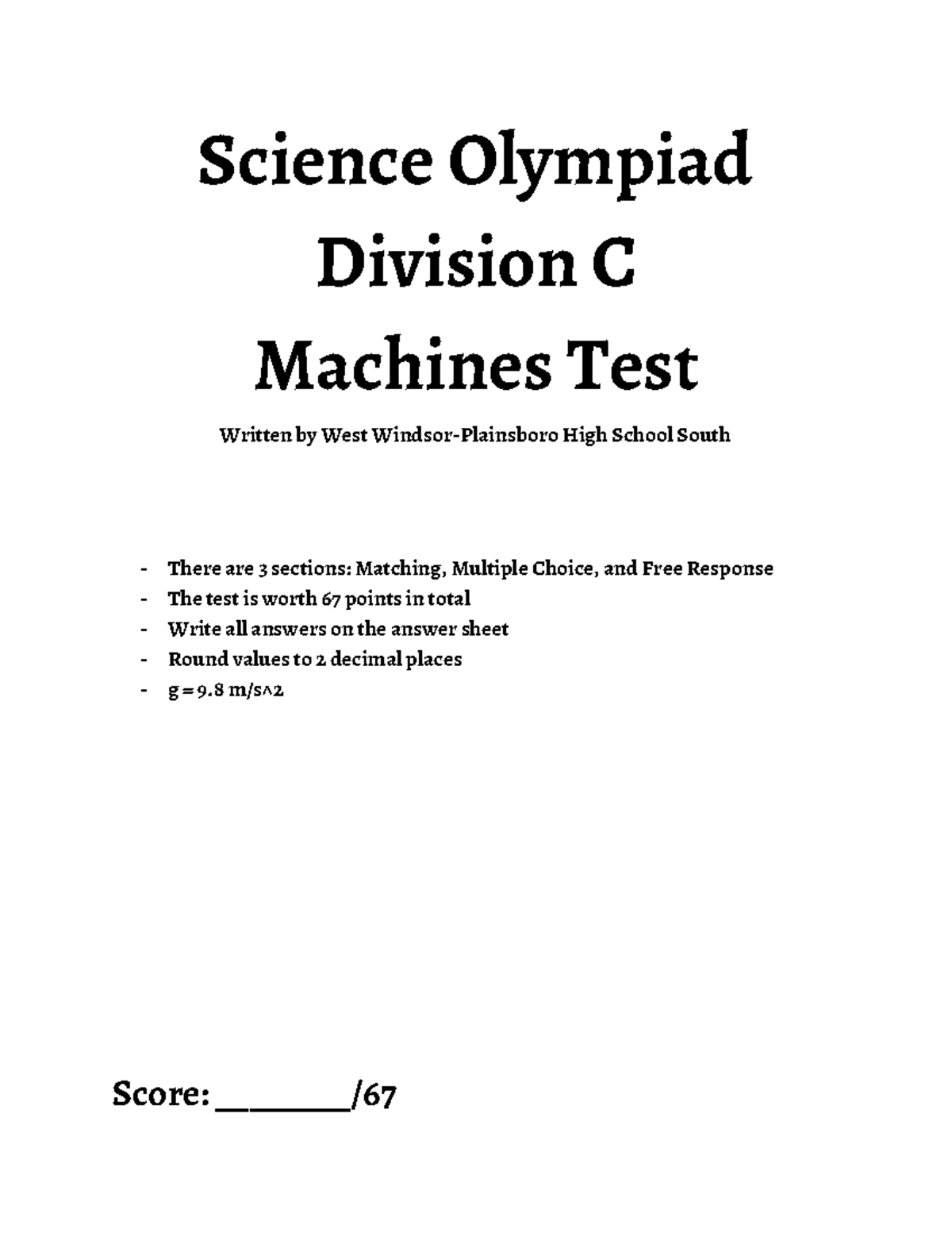 Science Olympiad Division C Machines Test - West High School - Studocu