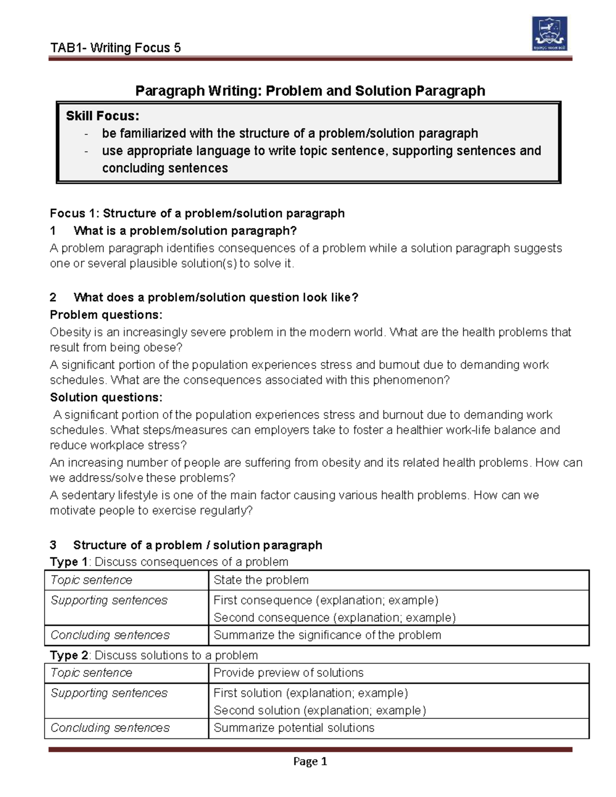 TAB1 Writing Focus 5: Problem and Solution Paragraph Skills Guide - Studocu