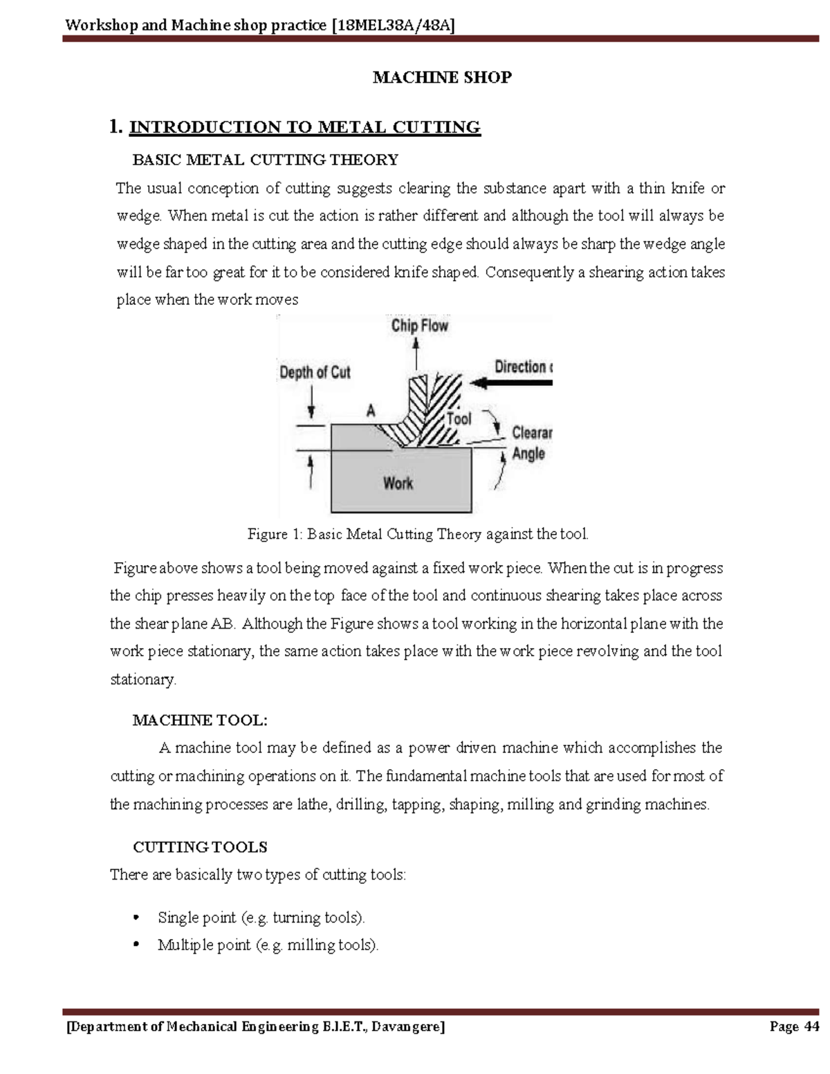 Lab Manual - ME Workshop: Metal Cutting & Machine Tools Overview - Studocu