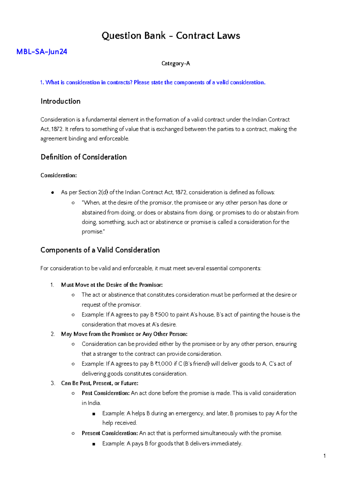 Question Bank: Contract Law - Key Concepts and Case Studies - Studocu