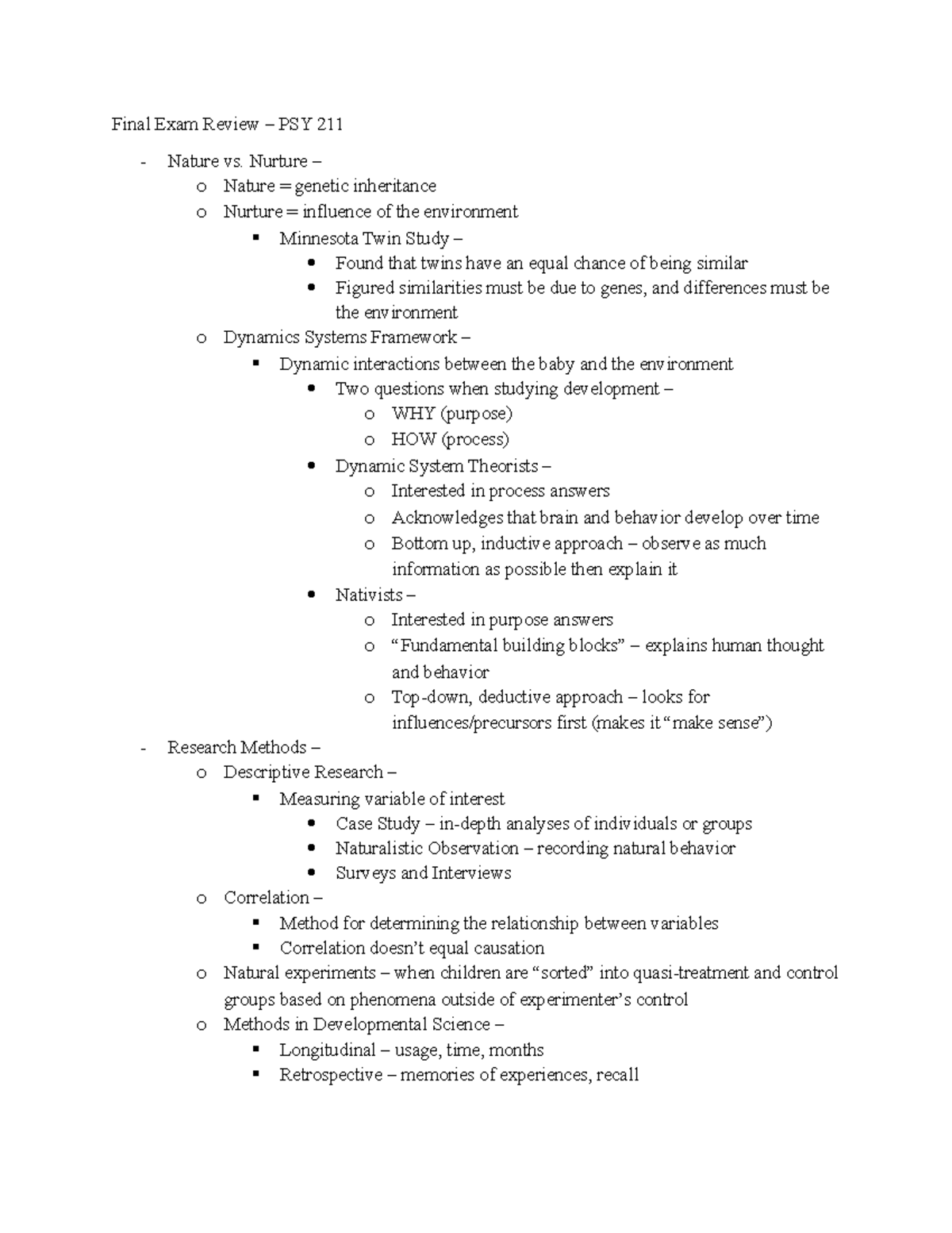 Final Exam Review: Key Concepts in PSY 211 Developmental Psychology ...