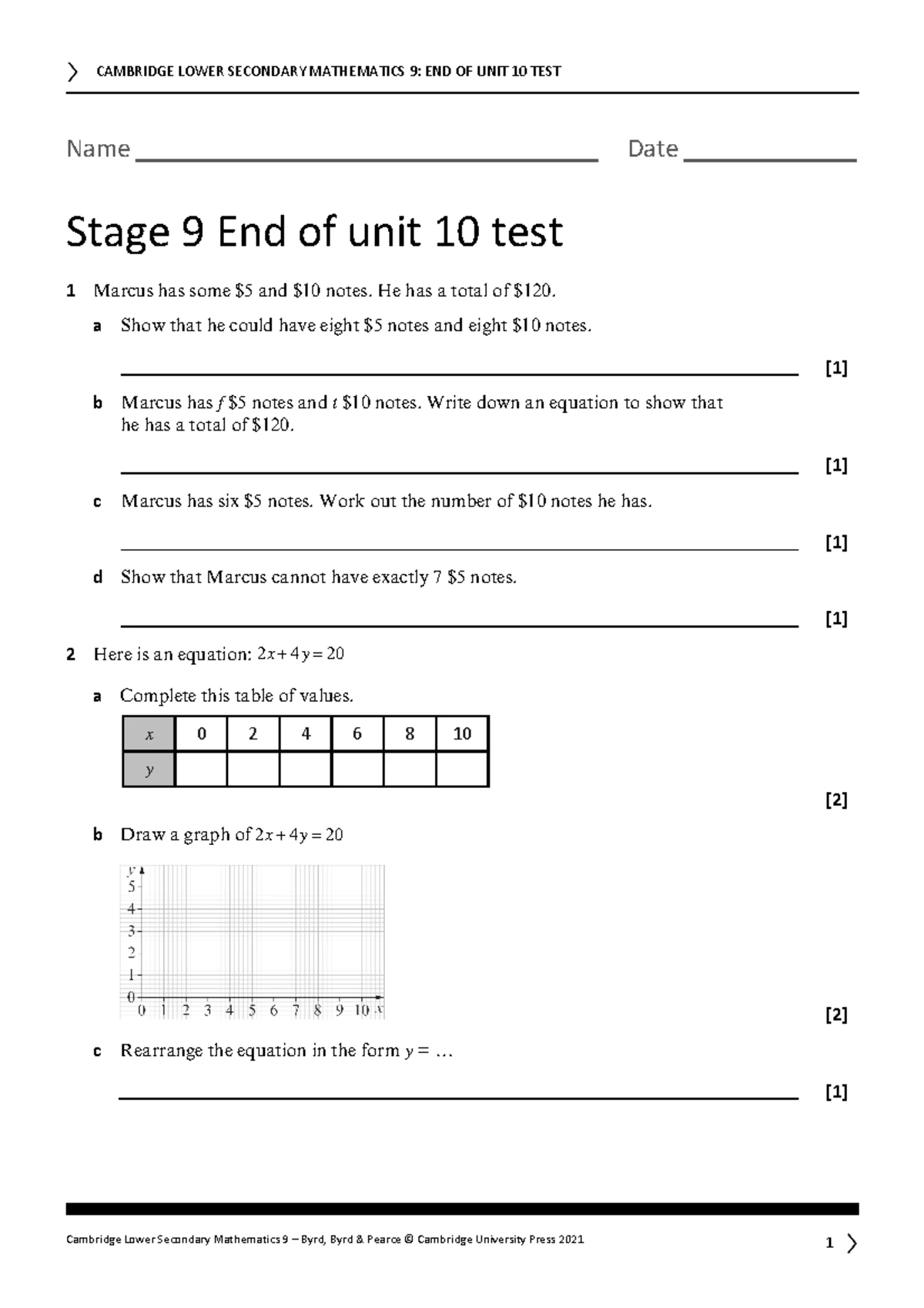 CAMBRIDGE LOWER SECONDARY MATHEMATICS 7: EOY TEST MARK SCHEME - Studocu