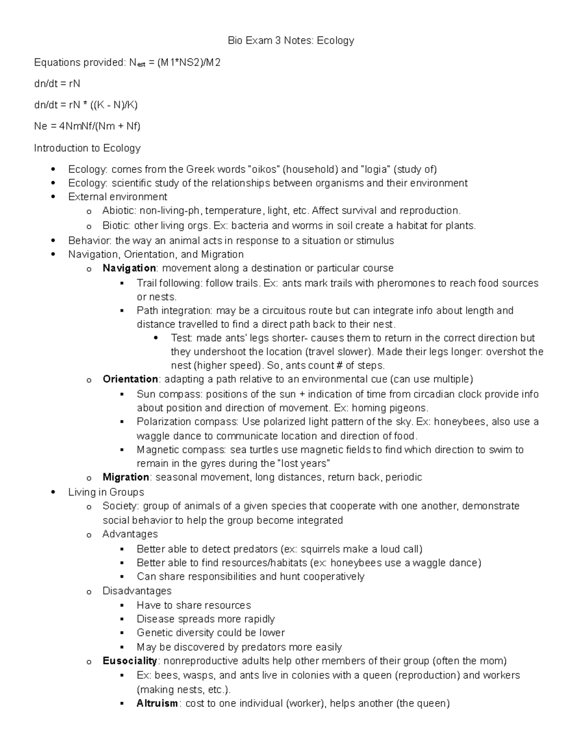 Bio 101: Exam 3 Notes on Ecology and Population Dynamics - Studocu