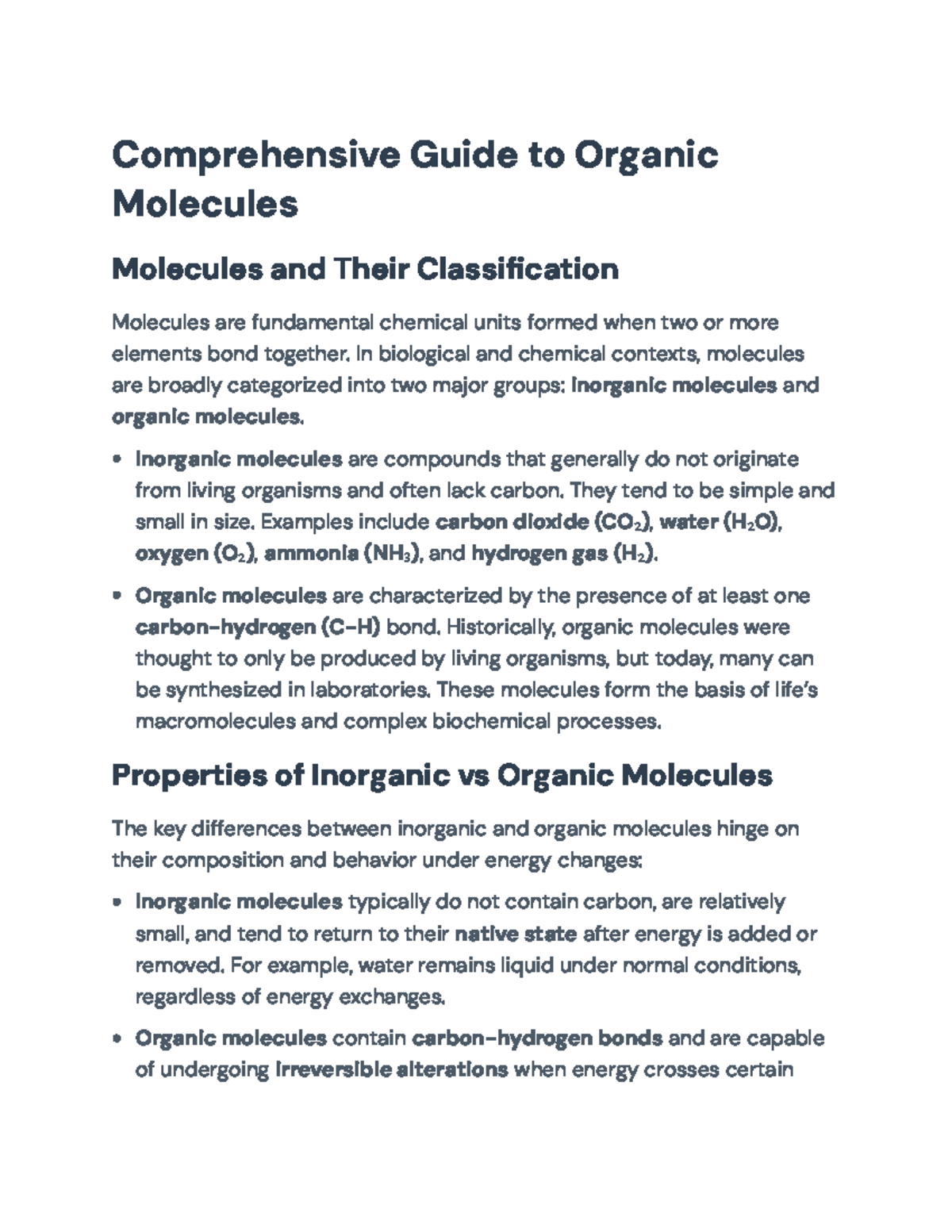 Comprehensive Overview of Organic Molecules and Their Functions (CHEM ...