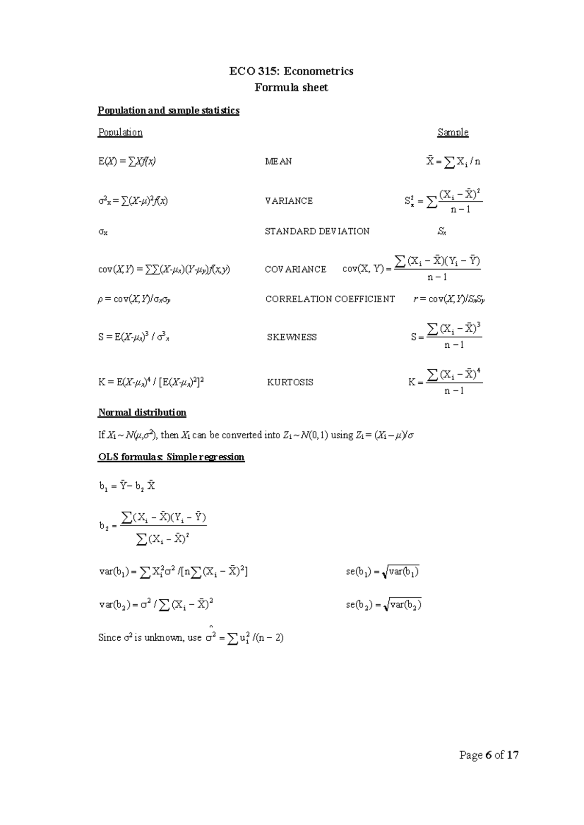 ECO 315: Final Exam Formula Sheet for Econometrics Notes - Studocu