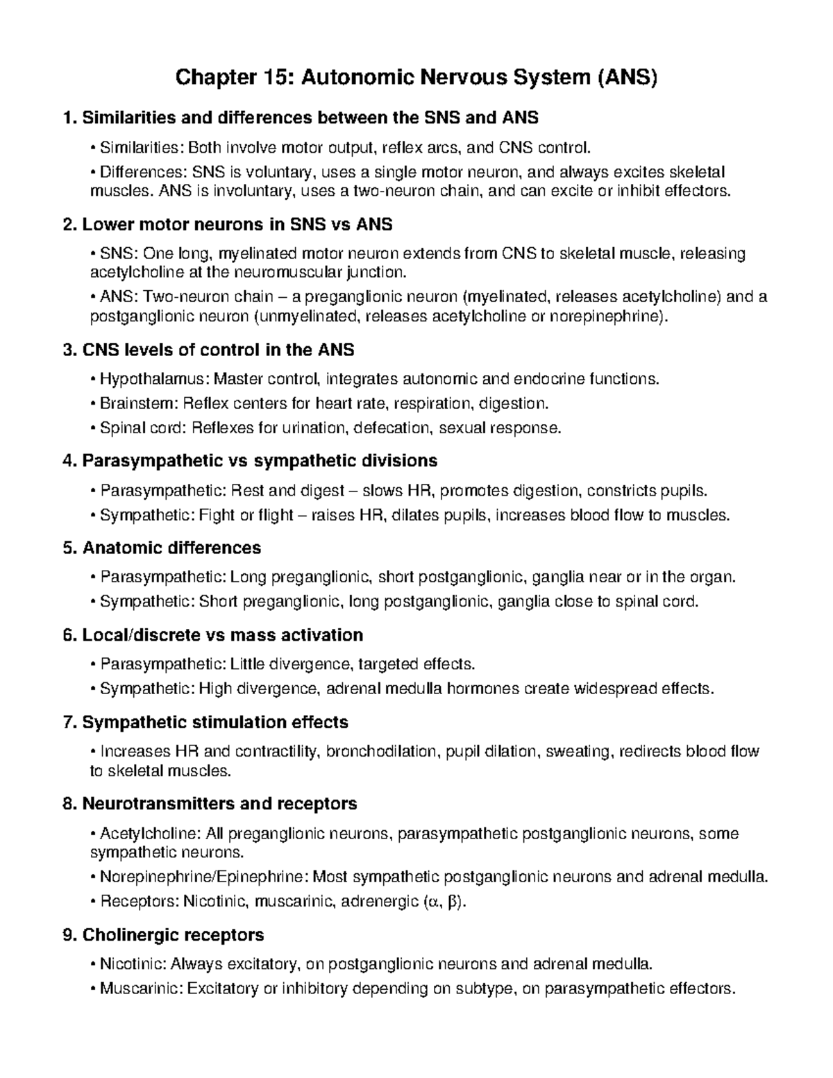 Chapter 15: Autonomic Nervous System (ANS) Exam 1 Review Notes - Studocu