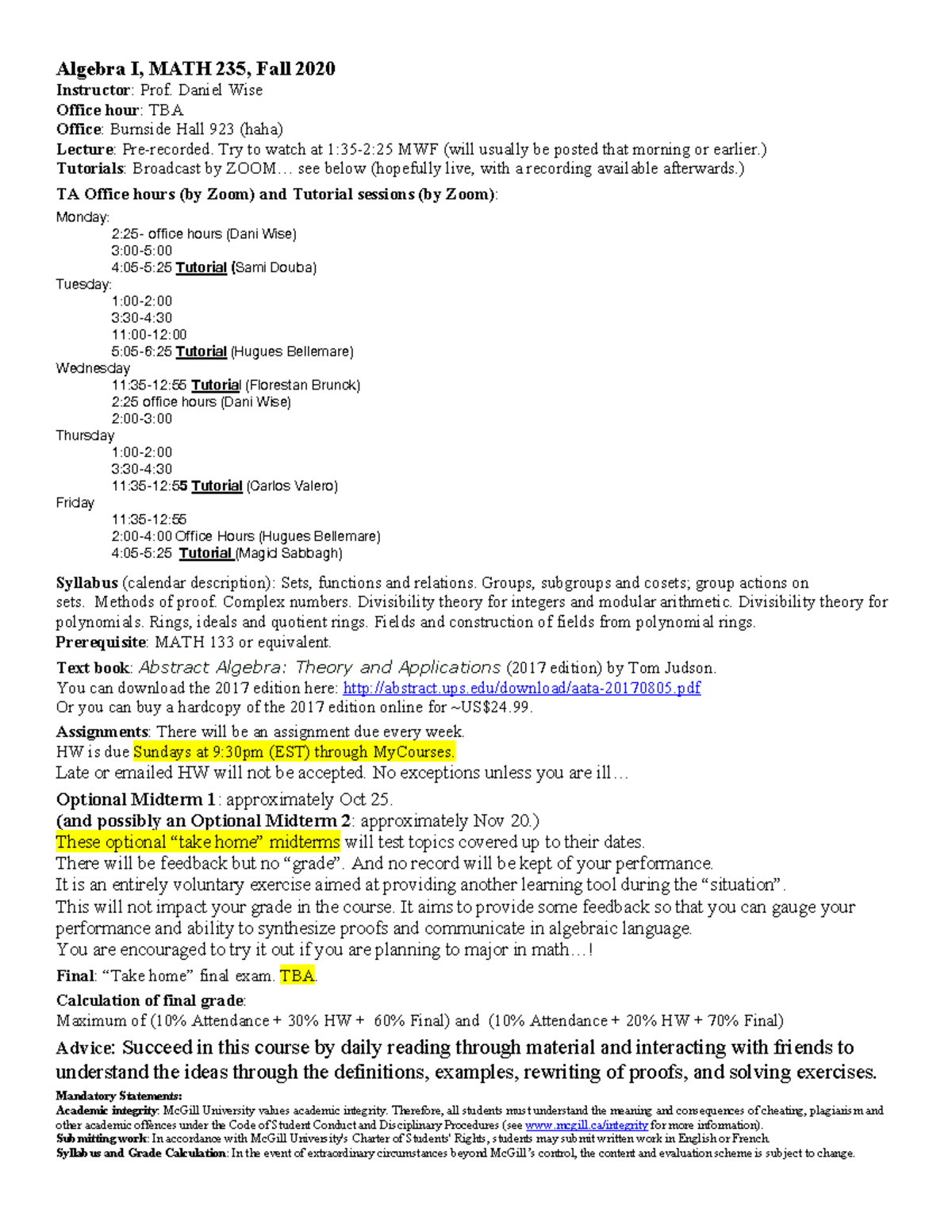 MATH 235 Algebra I Syllabus for Fall 2020 at McGill University - Studocu