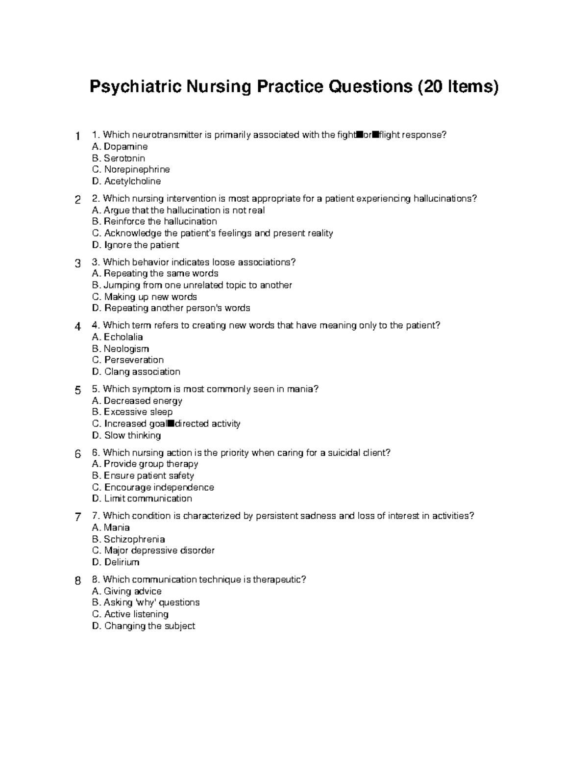Psychiatric Nursing Practice Questions (20 Items) - Studocu