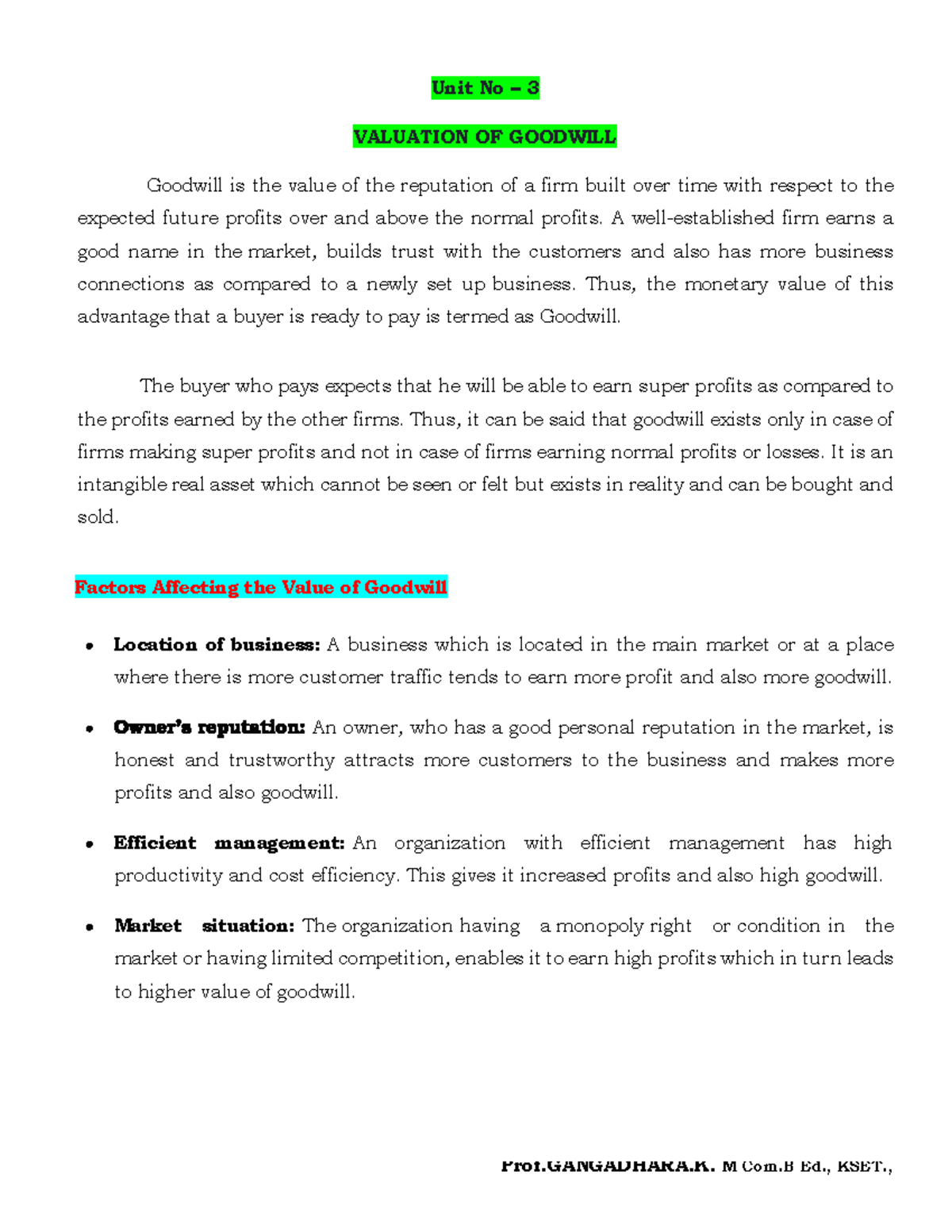 Valuation of Goodwill: Unit 3 Insights and Calculation Methods - Studocu