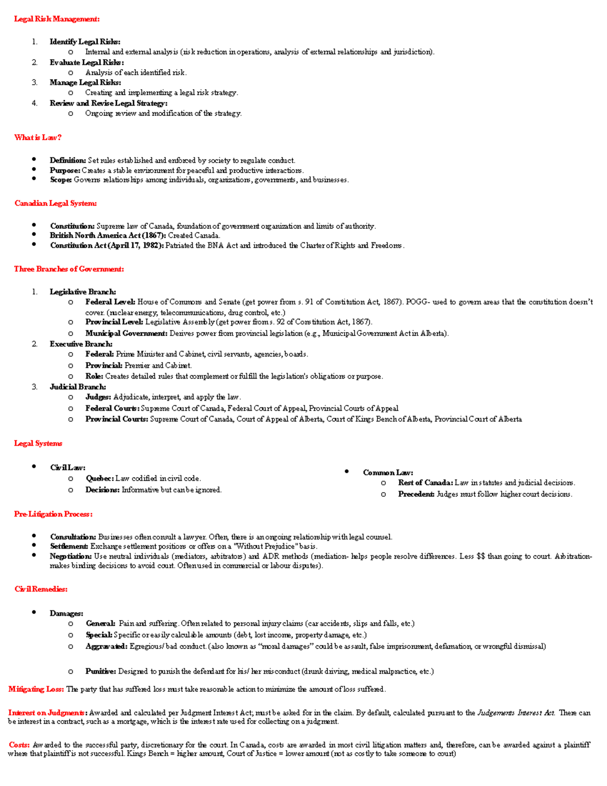 Law 101: Legal Risk Management Exam Summary Sheet - Studocu