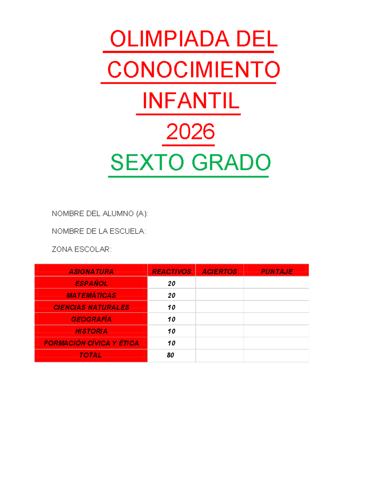 Examen OLIMPIADA DEL CONOCIMIENTO INFANTIL 2026 - SEXTO GRADO - Document Preview