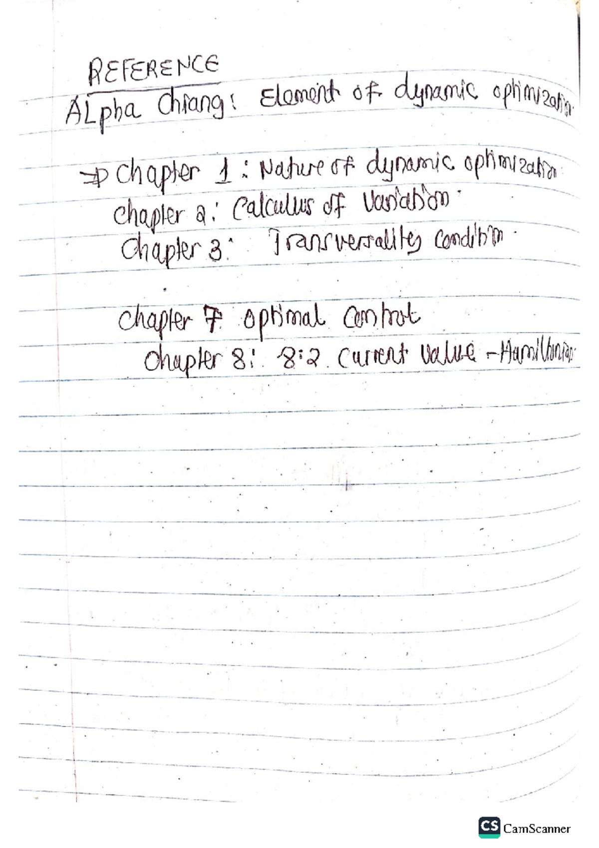 Dynamic optimization notes 2023 - REFERENCE ALpha chiang : Element of ...